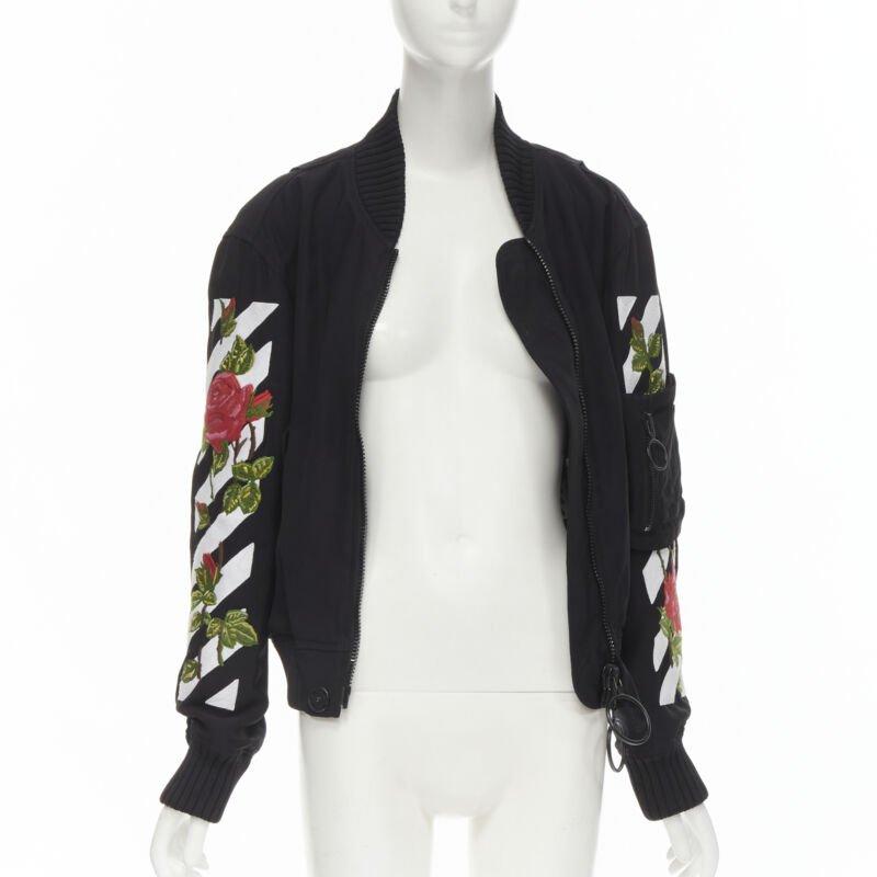 OFF WHITE C/O VIRGIL ABLOH black rose floral embroidery logo bomber jacket XS In Excellent Condition In Hong Kong, NT
