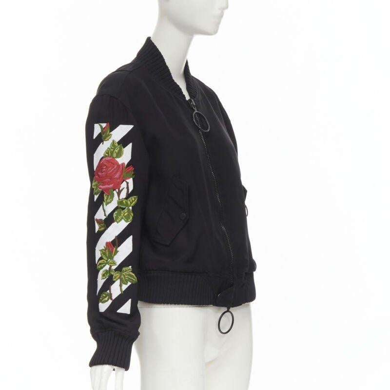 Women's OFF WHITE C/O VIRGIL ABLOH black rose floral embroidery logo bomber jacket XS