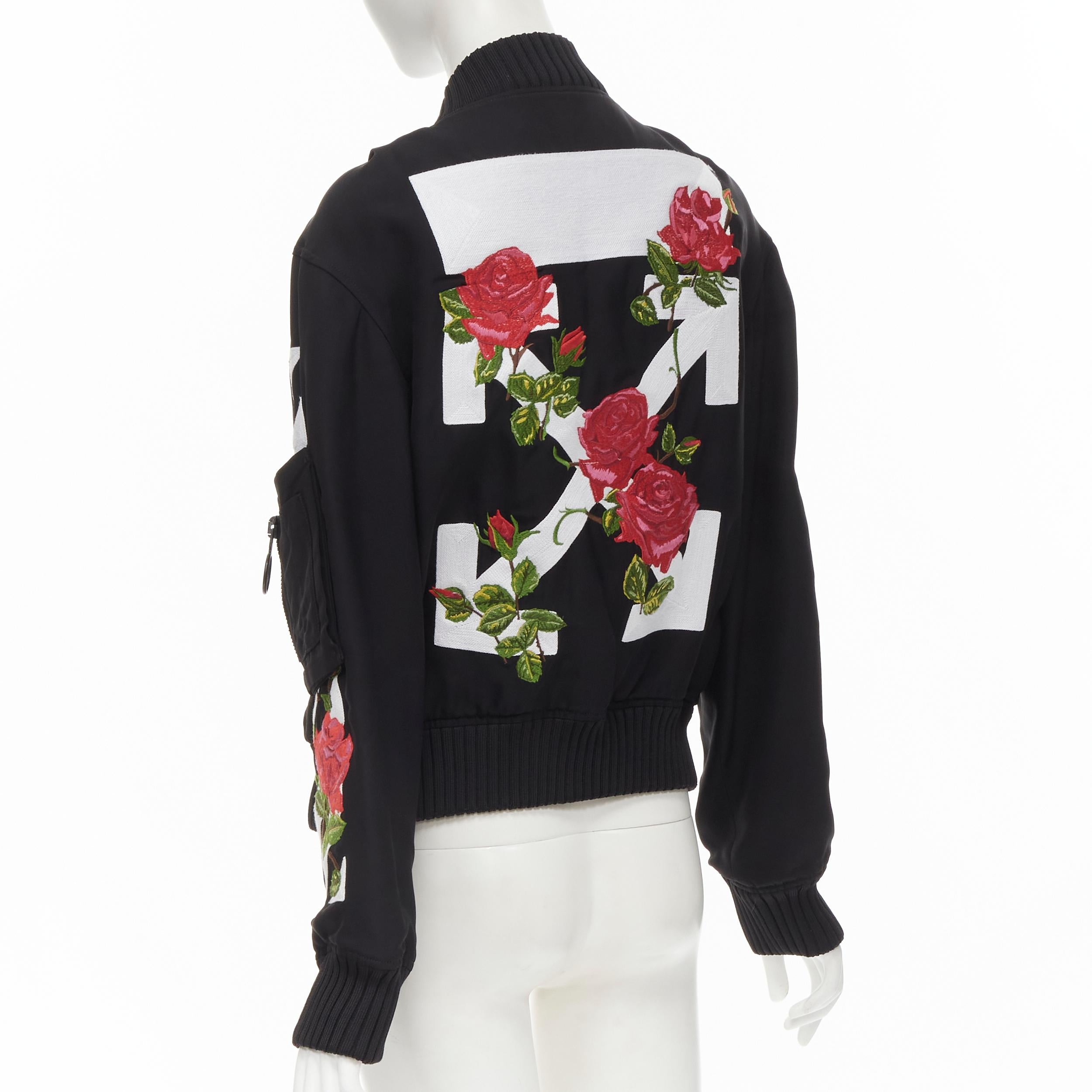 OFF WHITE C/O VIRGIL ABLOH black rose floral embroidery logo bomber jacket XS In Excellent Condition For Sale In Hong Kong, NT