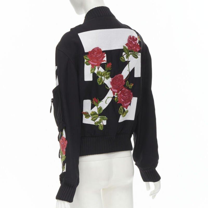 OFF WHITE C/O VIRGIL ABLOH black rose floral embroidery logo bomber jacket XS 2