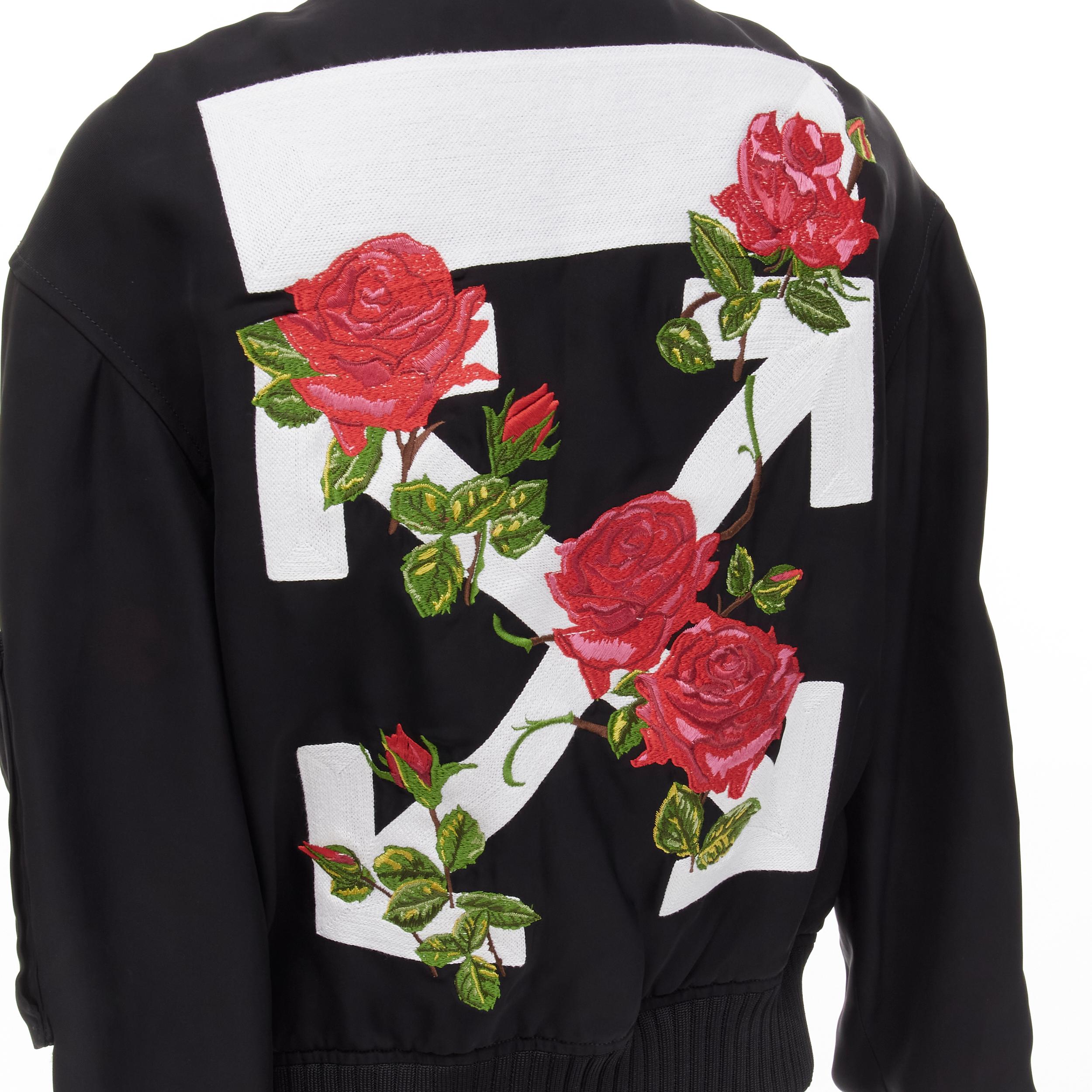 OFF WHITE C/O VIRGIL ABLOH black rose floral embroidery logo bomber jacket XS For Sale 1
