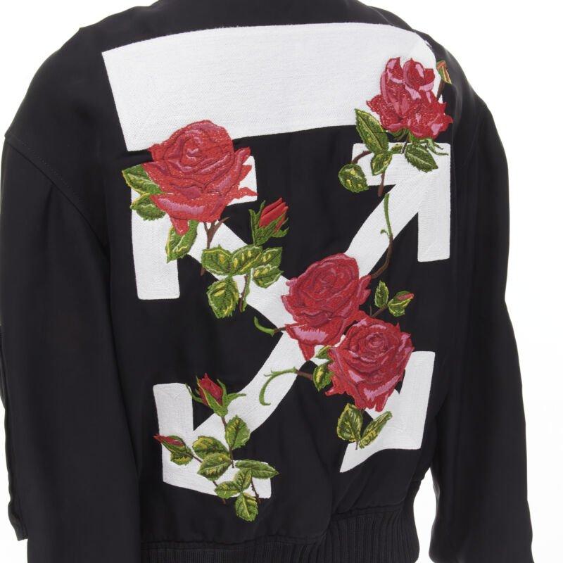 OFF WHITE C/O VIRGIL ABLOH black rose floral embroidery logo bomber jacket XS 4