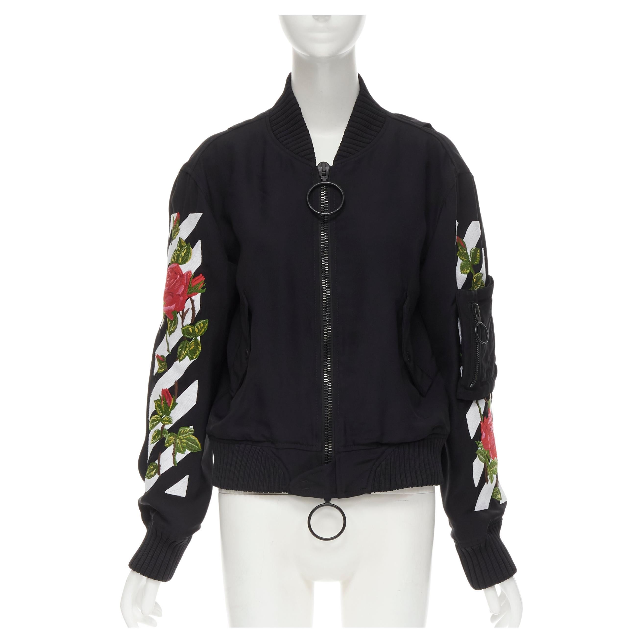 OFF WHITE C/O VIRGIL ABLOH black rose floral embroidery logo bomber jacket XS For Sale