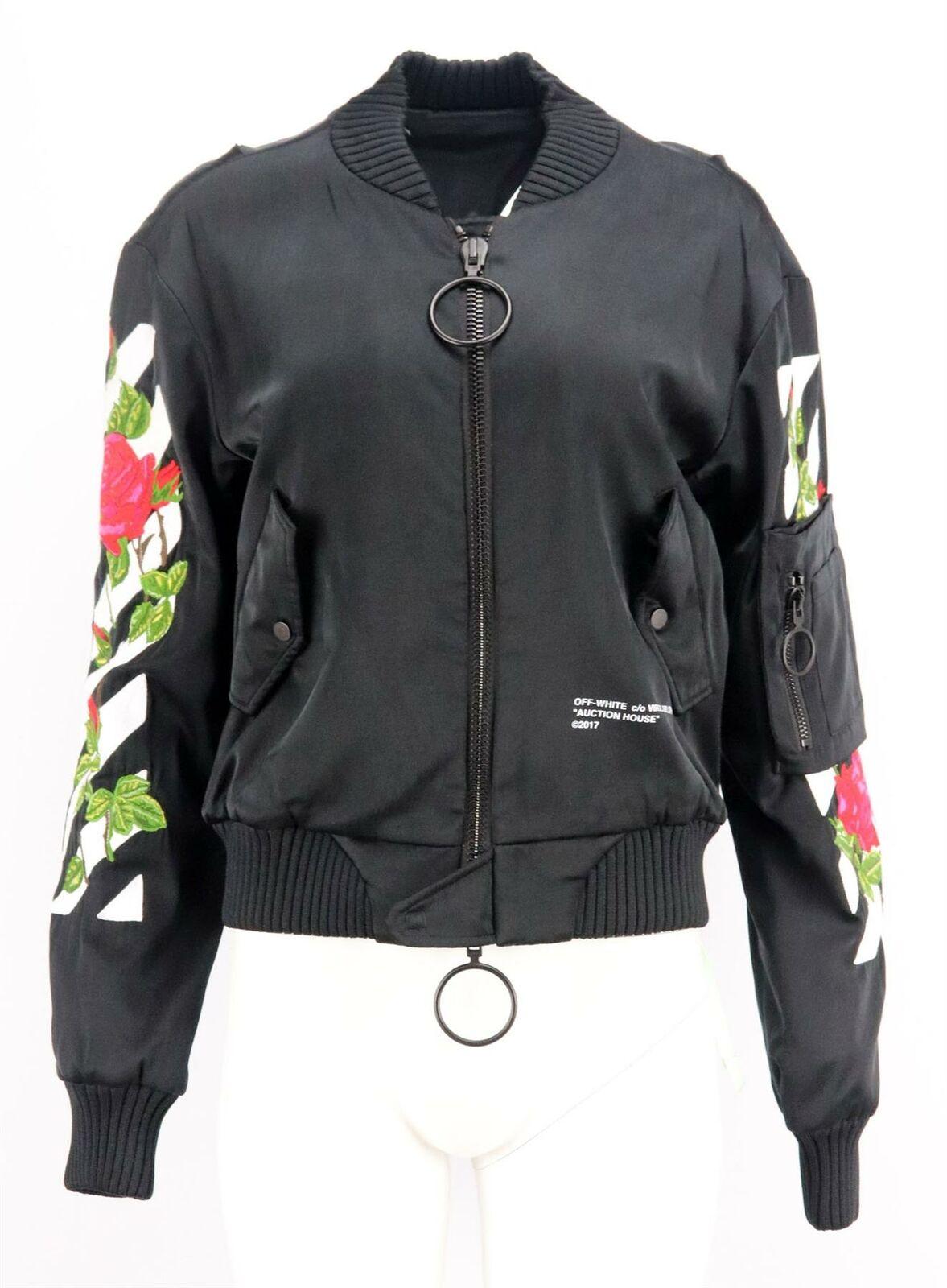This Off-White by Virgil Abloh jacket is cut from lustrous black satin and defined by white striped and red rose embroidery design on the back, the bomber jacket style has oversized matte black hardware to add to the cool aesthetic.
Black satin.
Zip