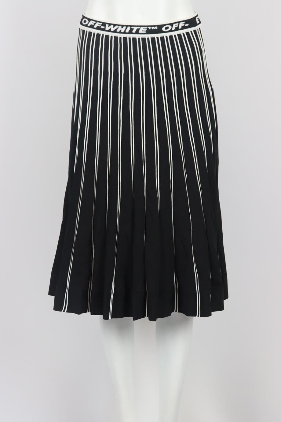 Off-White c/o Virgil Abloh pleated jaquard midi skirt. Black and white. Pull on. Size: Small (UK 8, US 4, FR 36, IT 40). Waist: 27 in. Hips: 32 in. Length: 27.6 in. Size and composition label cut out for comfort; see pictures.