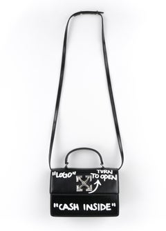 OFF-WHITE c.2019 "Jitney 1.4” Black Leather White ‘Cash Inside' Graffiti Handbag