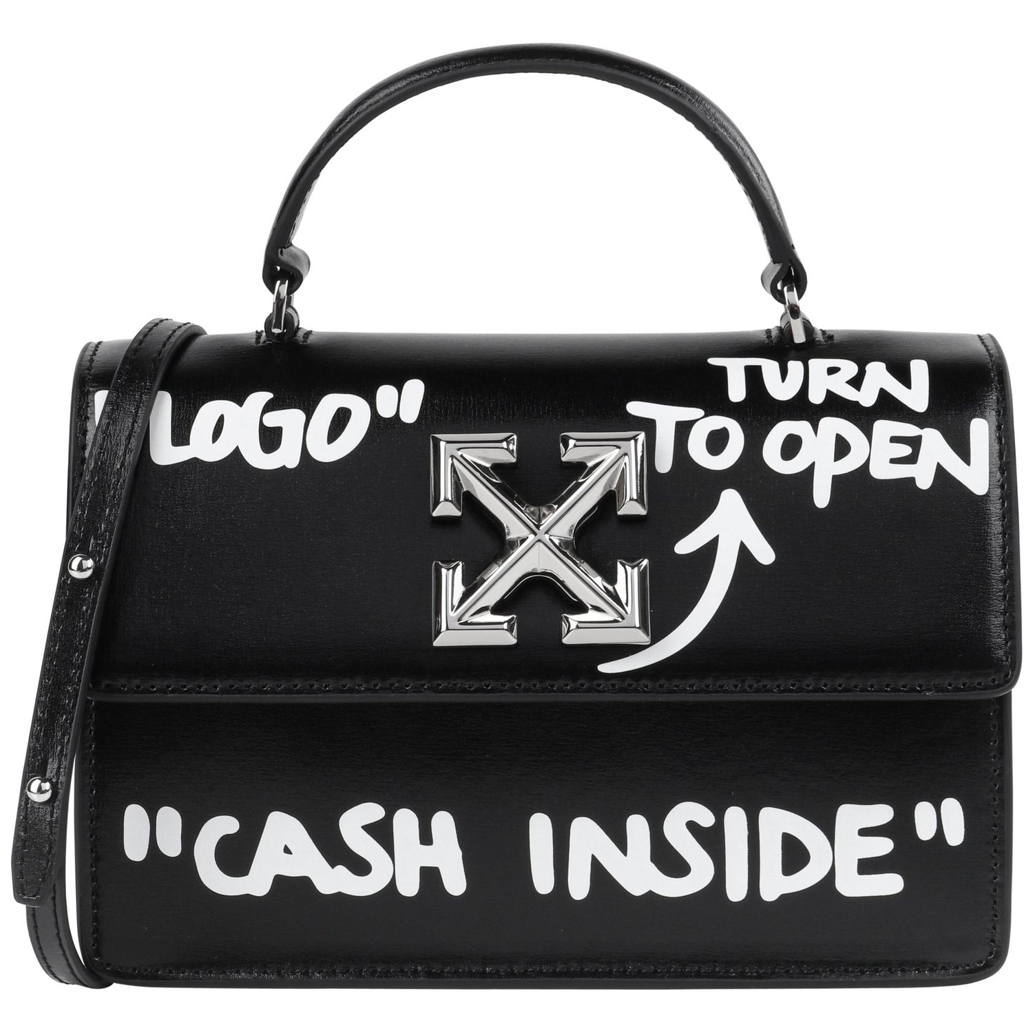 OFF-WHITE c.2019 "Jitney 1.4” Black Leather White 'Cash Inside' Graffiti  Handbag at 1stDibs | logo turn to open cash inside bag, off white cash  inside, off white graffiti bag
