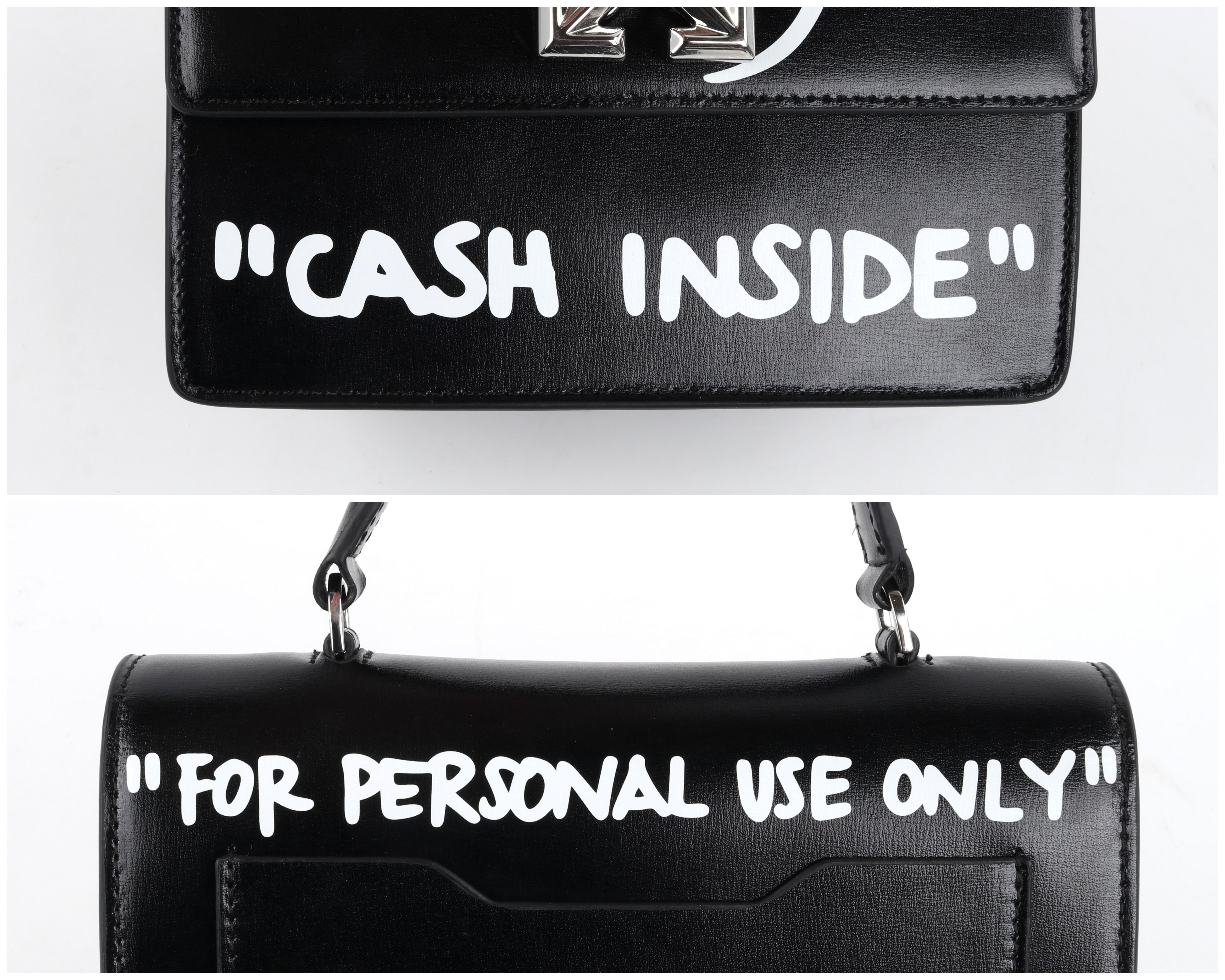 OFF-WHITE c.2019 Jitney 1.4 Black Leather White Cash Inside Graffiti Handbag NWT For Sale 10