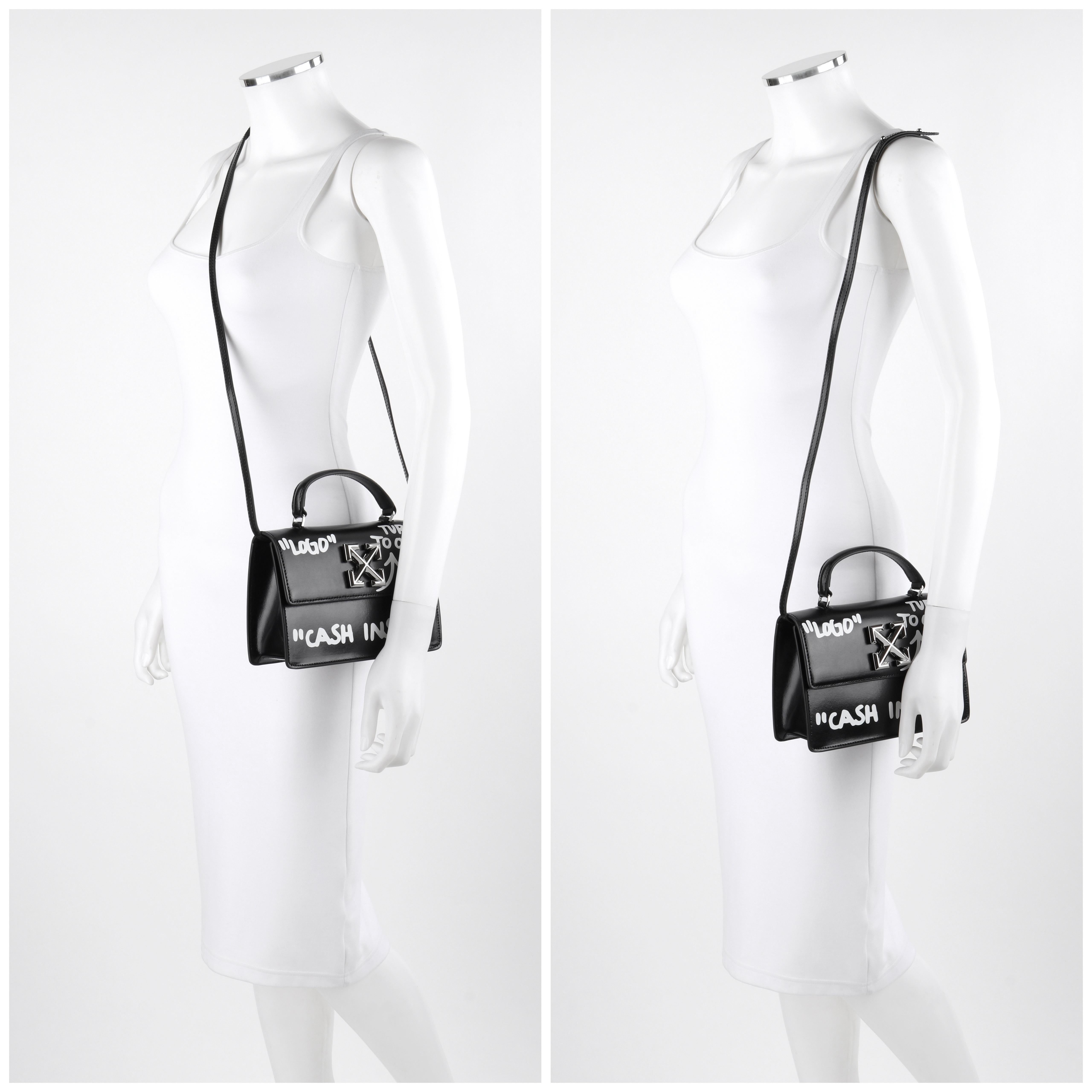 Women's OFF-WHITE c.2019 Jitney 1.4 Black Leather White Cash Inside Graffiti Handbag NWT For Sale