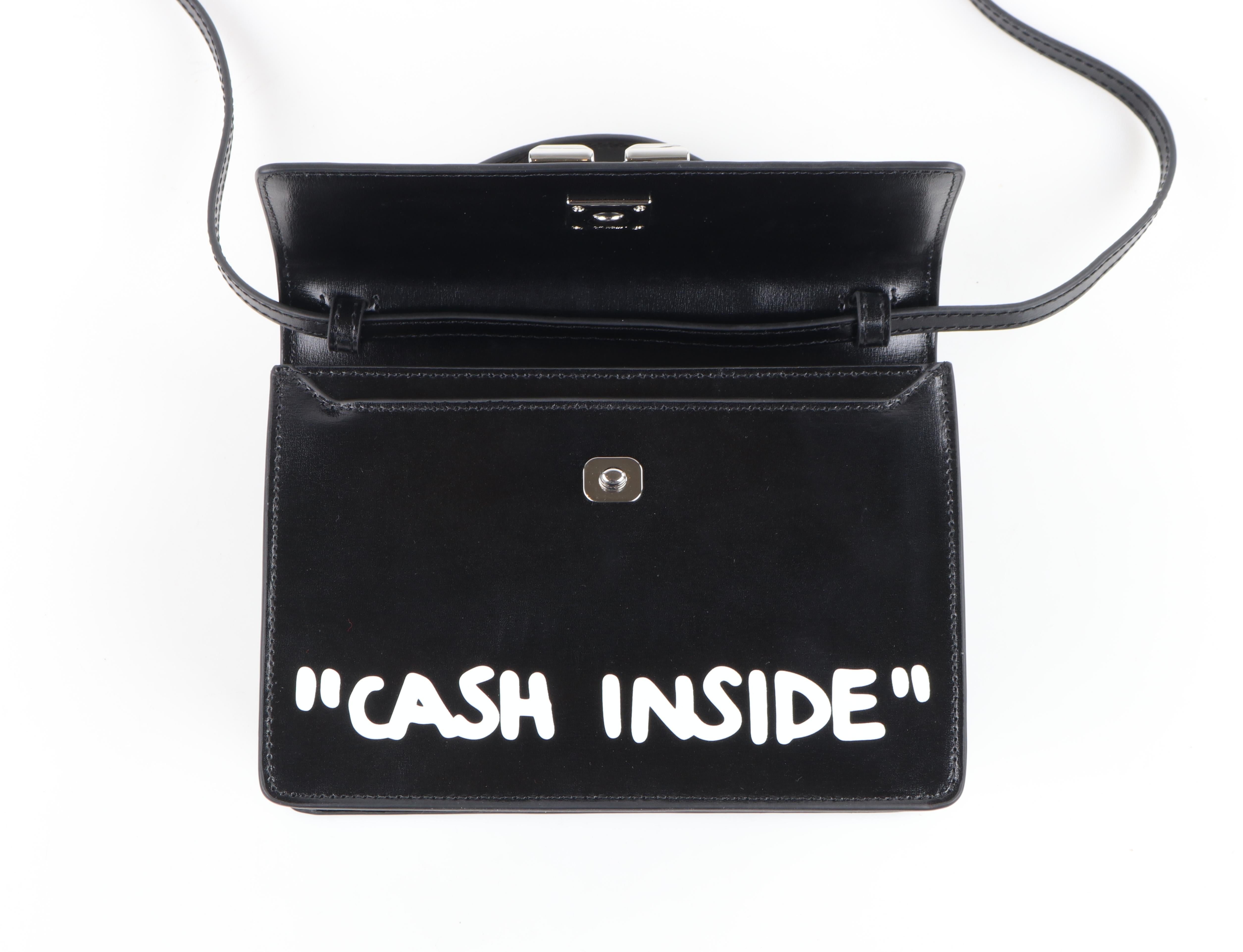 OFF-WHITE c.2019 Jitney 1.4 Black Leather White Cash Inside Graffiti Handbag NWT For Sale 3