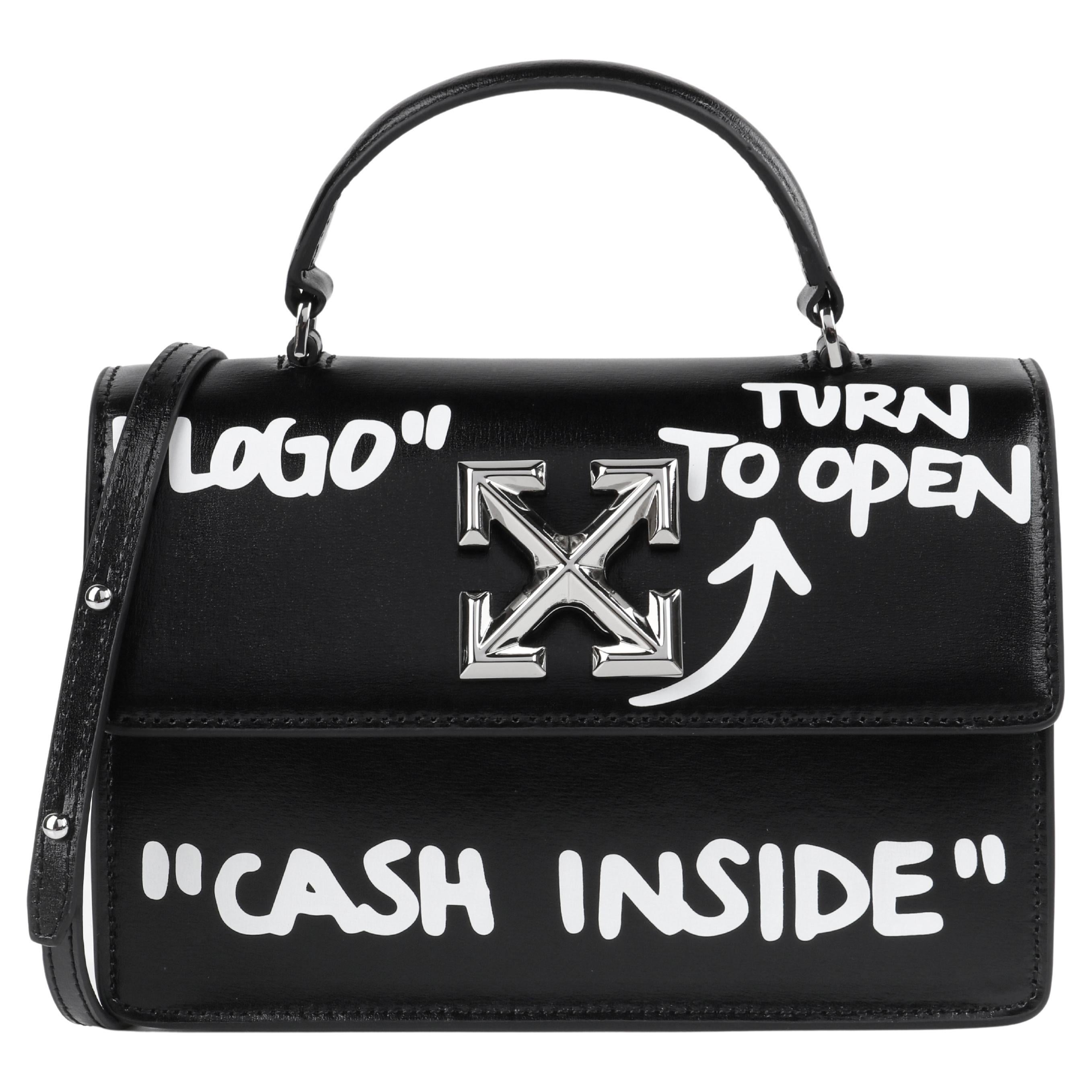 OFF-WHITE c.2019 Jitney 1.4 Black Leather White Cash Inside Graffiti Handbag NWT For Sale