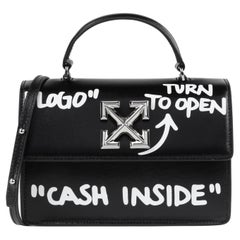 OFF-WHITE c.2019 Jitney 1.4 Black Leather White Cash Inside Graffiti Handbag NWT