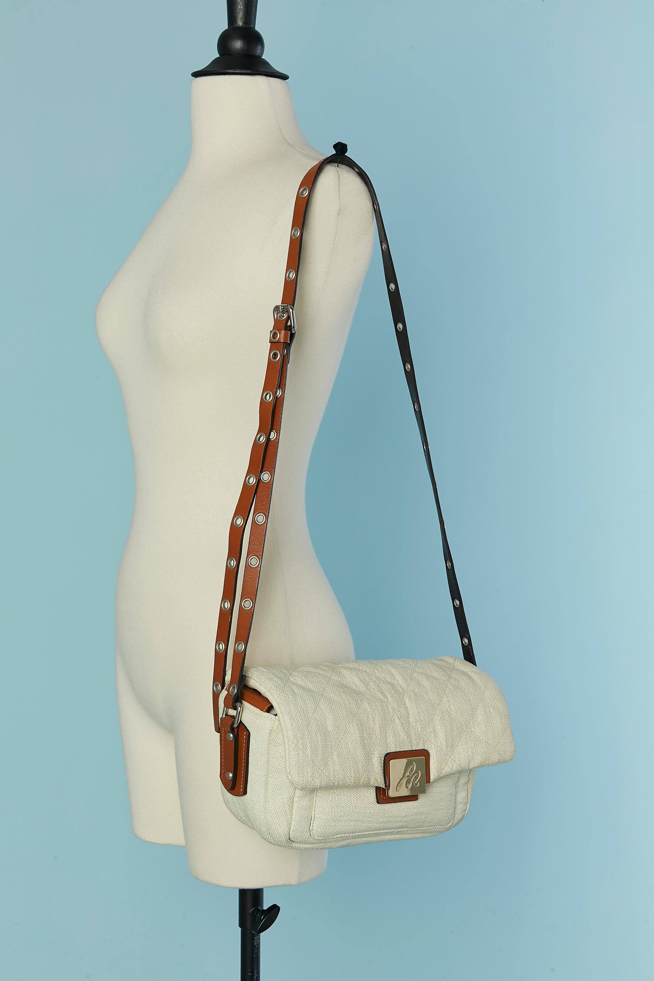 Off-white canevas and brown leather crossbody bag Sonia Rykiel In Excellent Condition For Sale In Saint-Ouen-Sur-Seine, FR