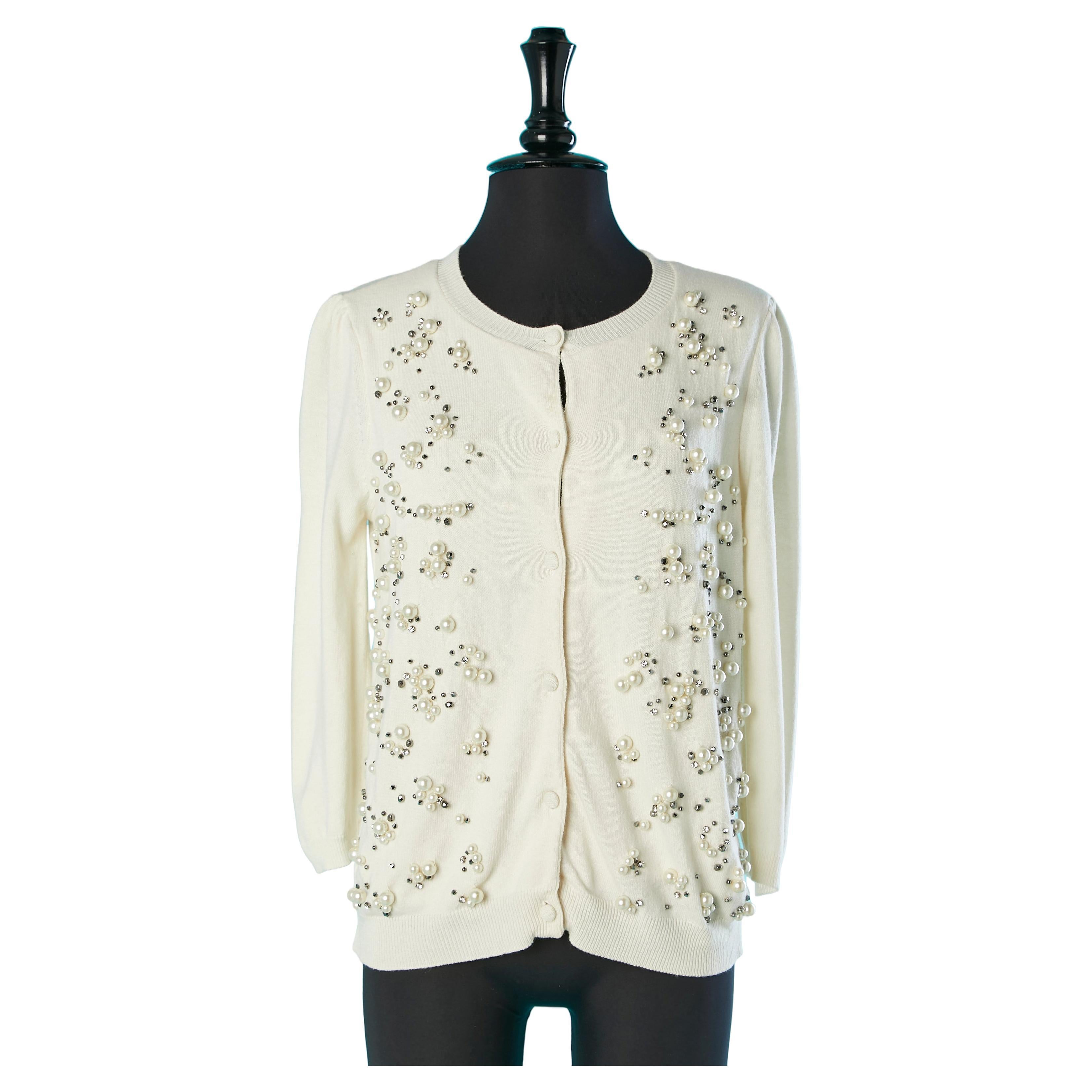 Off-white cardigan with beads and rhinestone embellishement REDValentino  For Sale