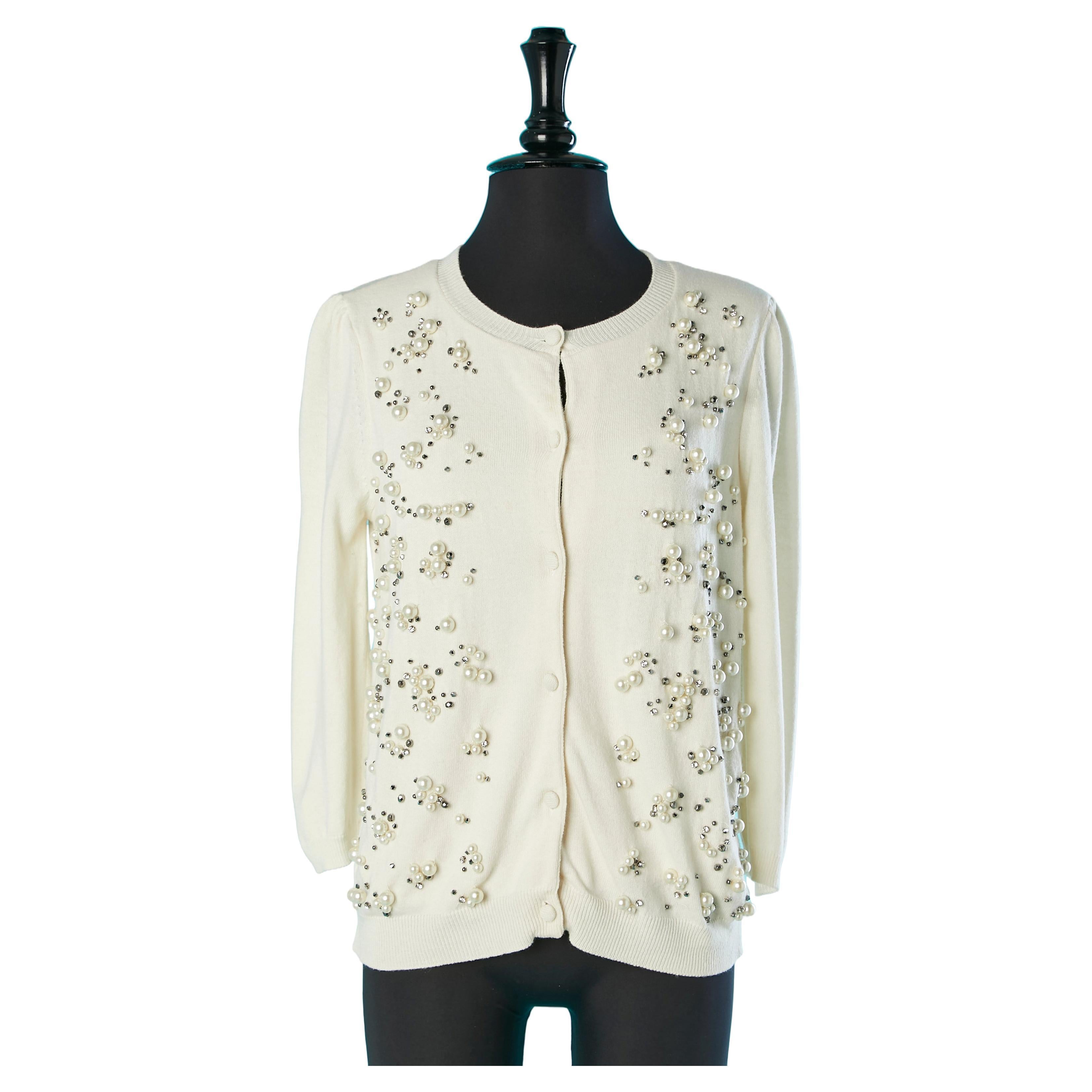 Off-white cardigan with beads and rhinestone embellishement REDValentino For Sale