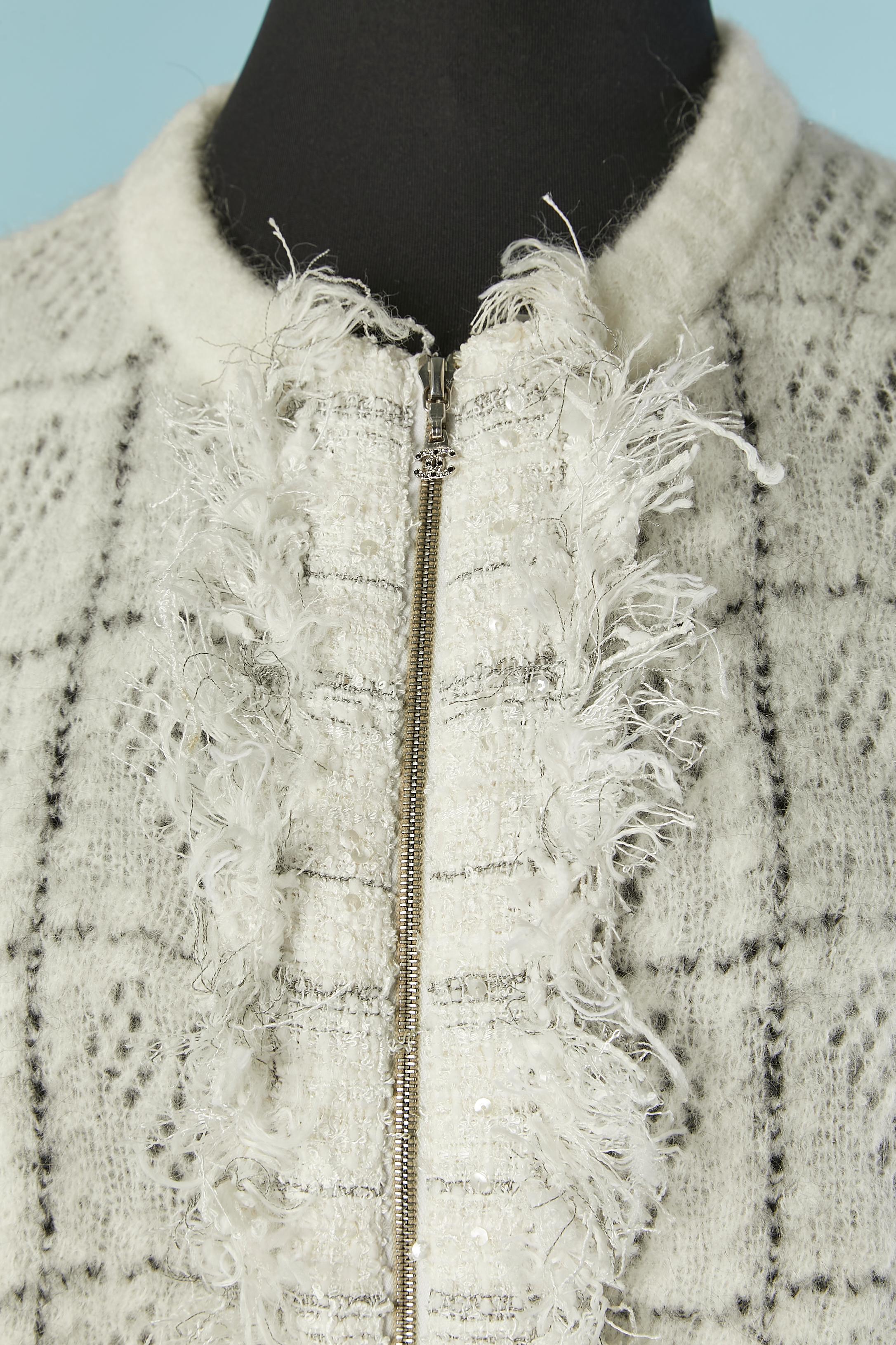 Gray Off-white cardigan with check pattern and tweed jabot Chanel For Sale