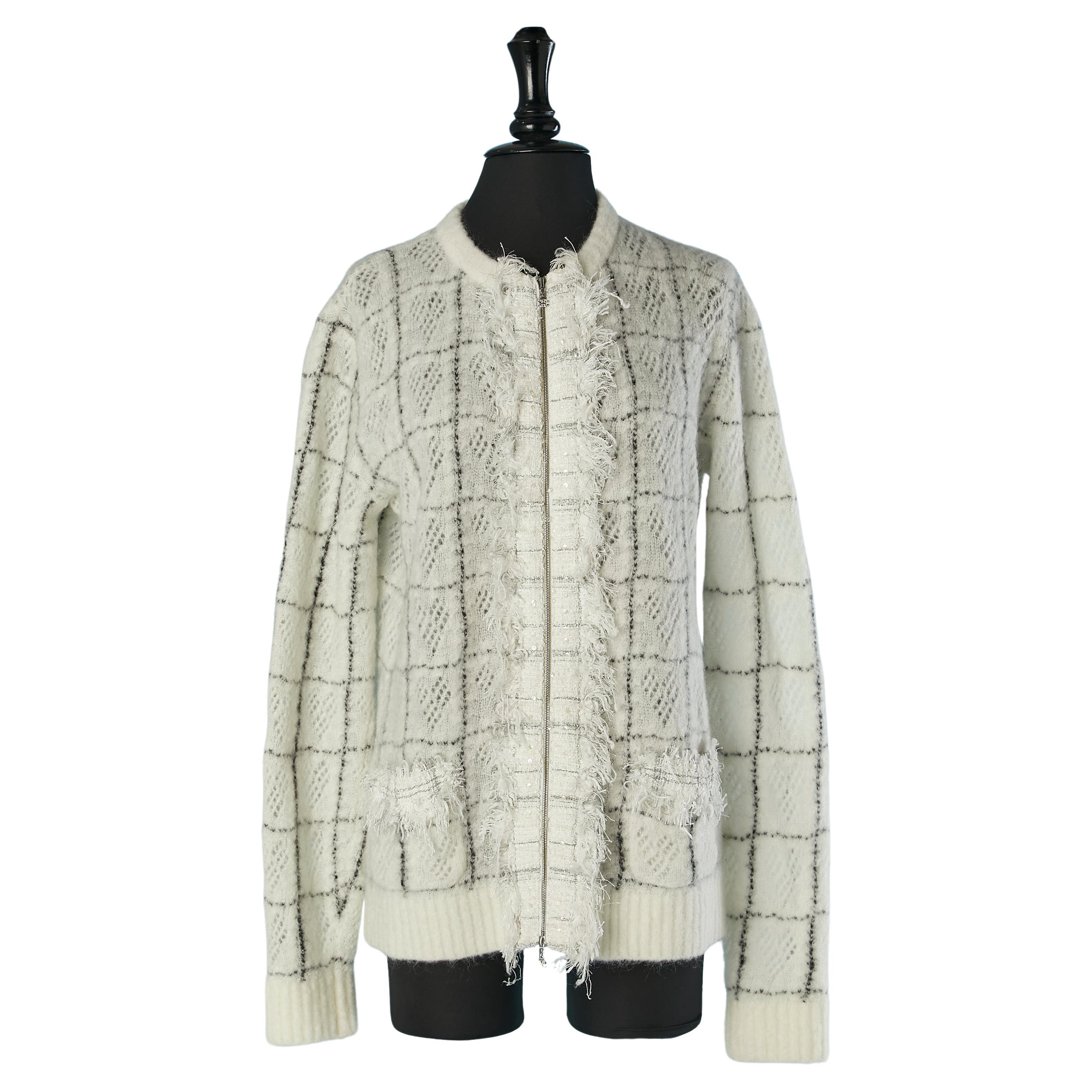 Off-white cardigan with check pattern and tweed jabot Chanel For Sale