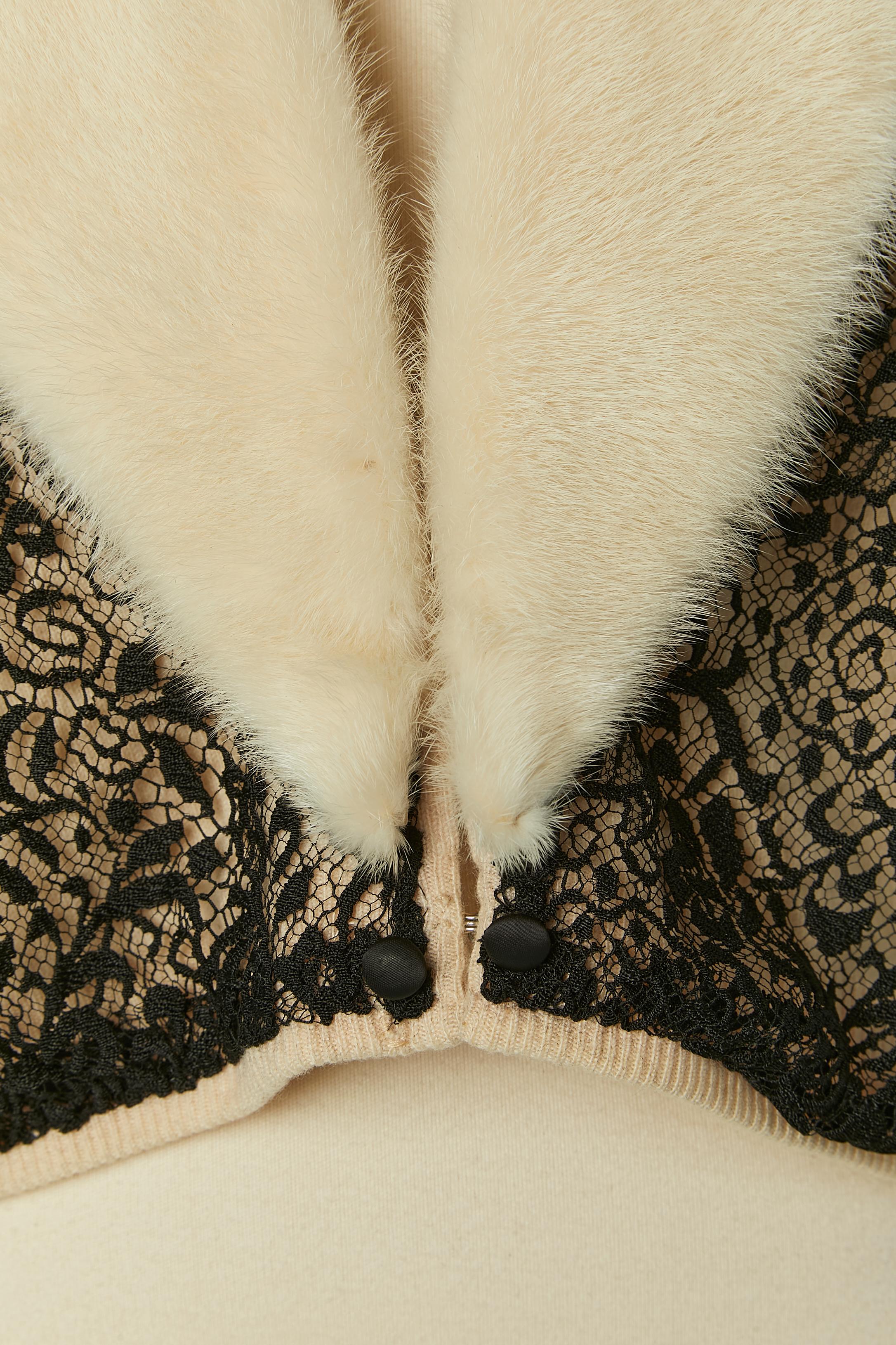 Beige Off-white cashmere cardigan with black lace lay and mink collar Bernhard Altmann For Sale