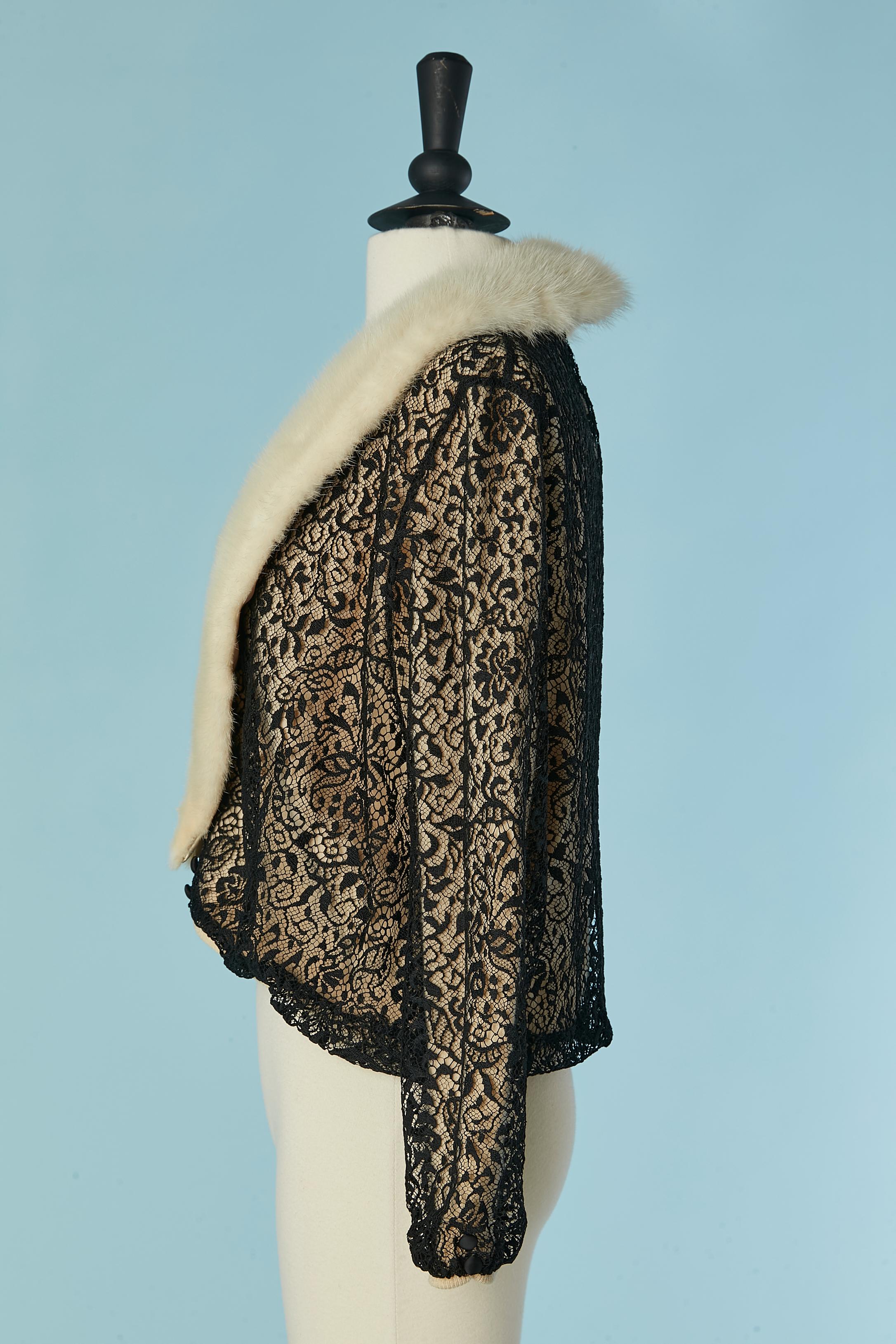 Off-white cashmere cardigan with black lace lay and mink collar Bernhard Altmann For Sale 1