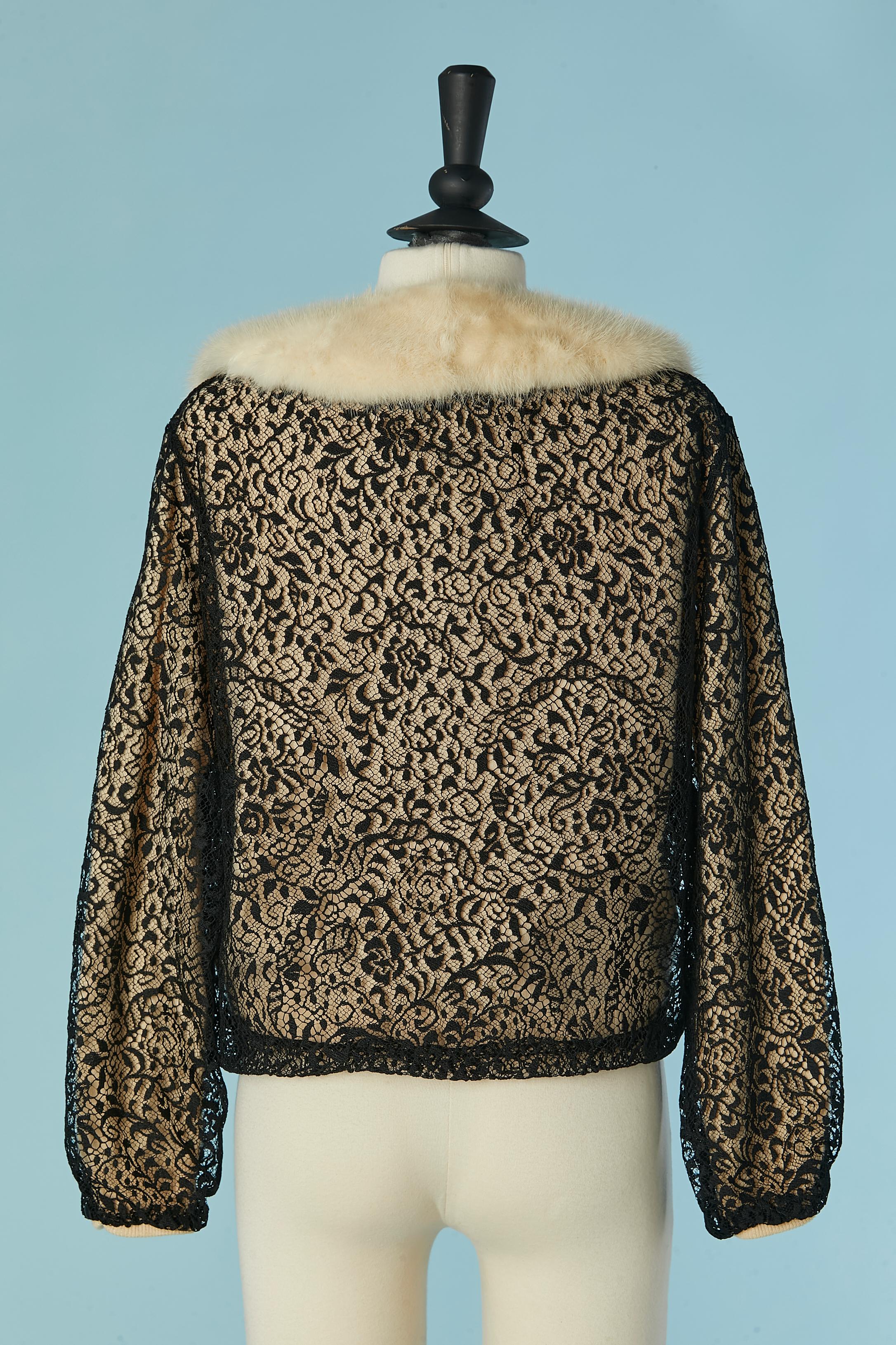 Off-white cashmere cardigan with black lace lay and mink collar Bernhard Altmann For Sale 2