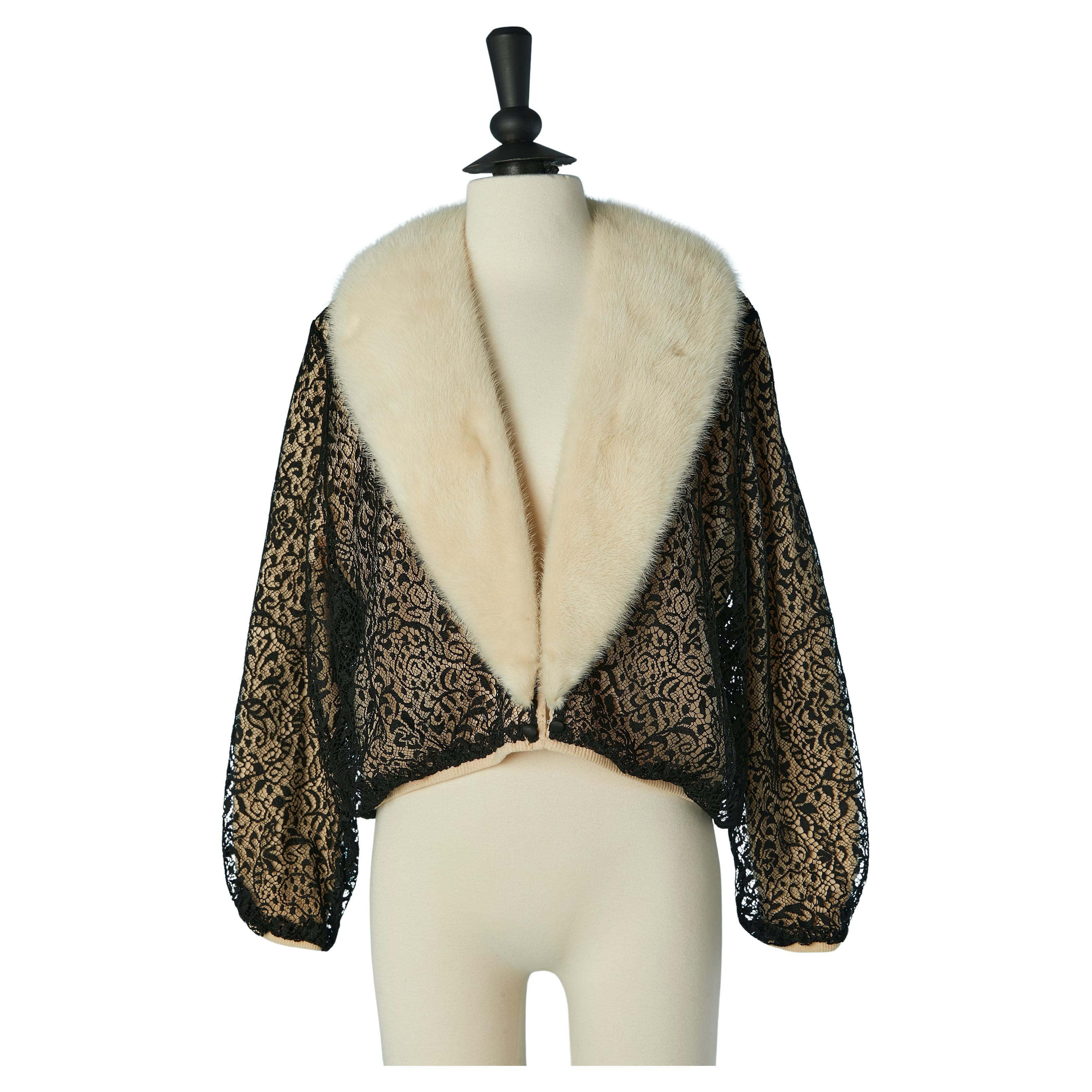 Off-white cashmere cardigan with black lace lay and mink collar Bernhard Altmann For Sale