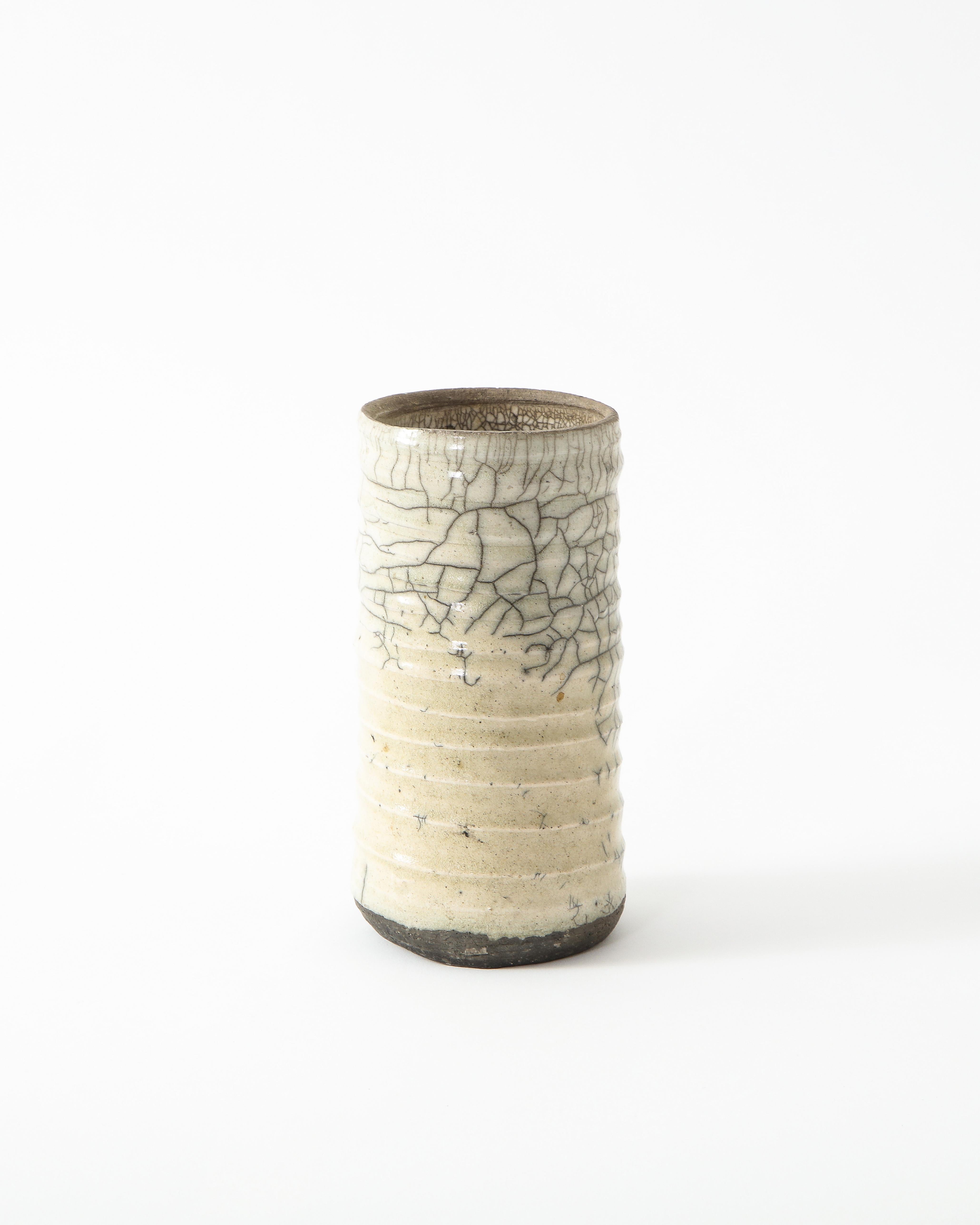 Organic Modern Off-White Ceramic Vase with Intricate Crackling