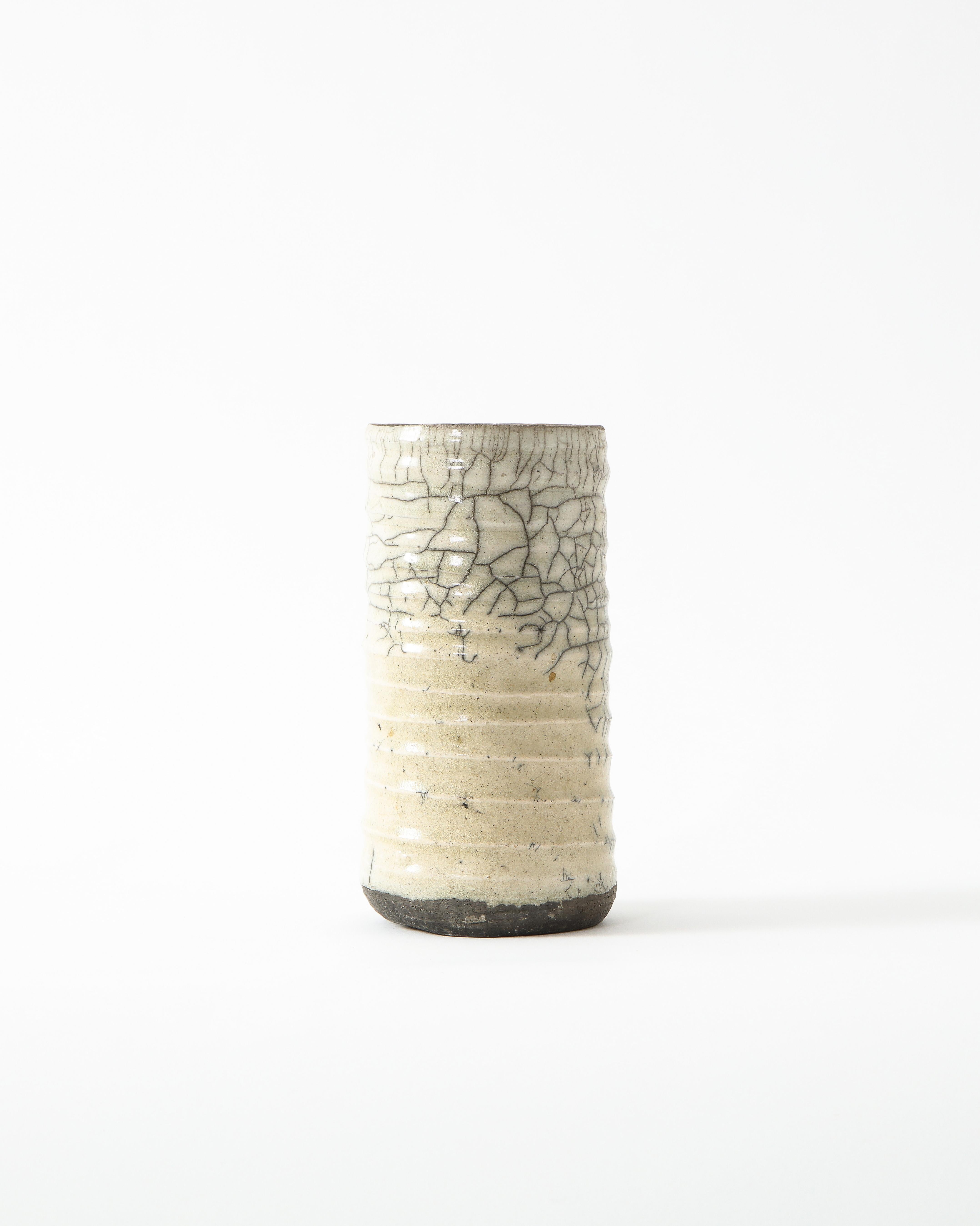 Asian Off-White Ceramic Vase with Intricate Crackling