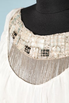 Off-white chiffon dress with cabochon and metal chain fringes Alberta Ferretti
