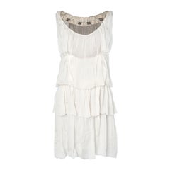 Alberta Ferretti - Robe en mousseline de soie blanc cassé avec franges en cabochon et chaîne métallique
