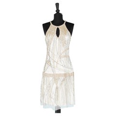 Off-white cocktail dress with sequins embroidered Faust Couture