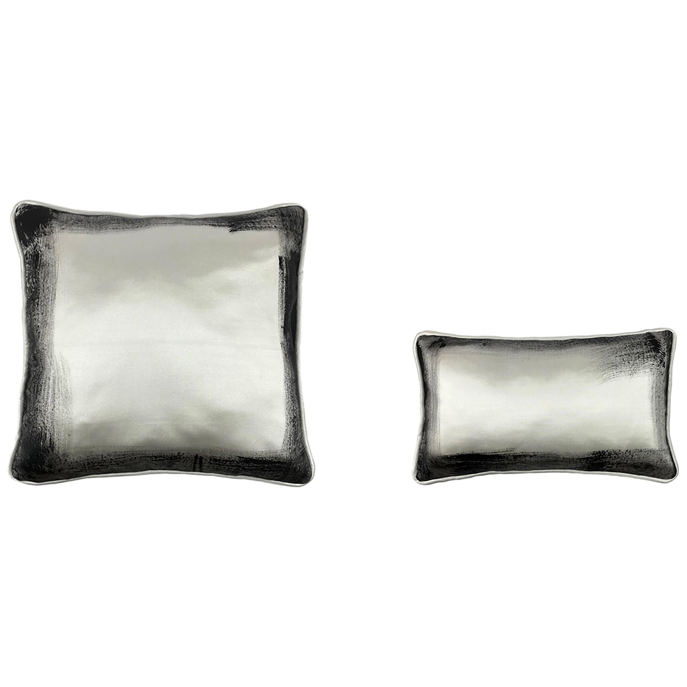 Off-White Contemporary Delicately Hand-Painted Black-Edged Throw Pillows