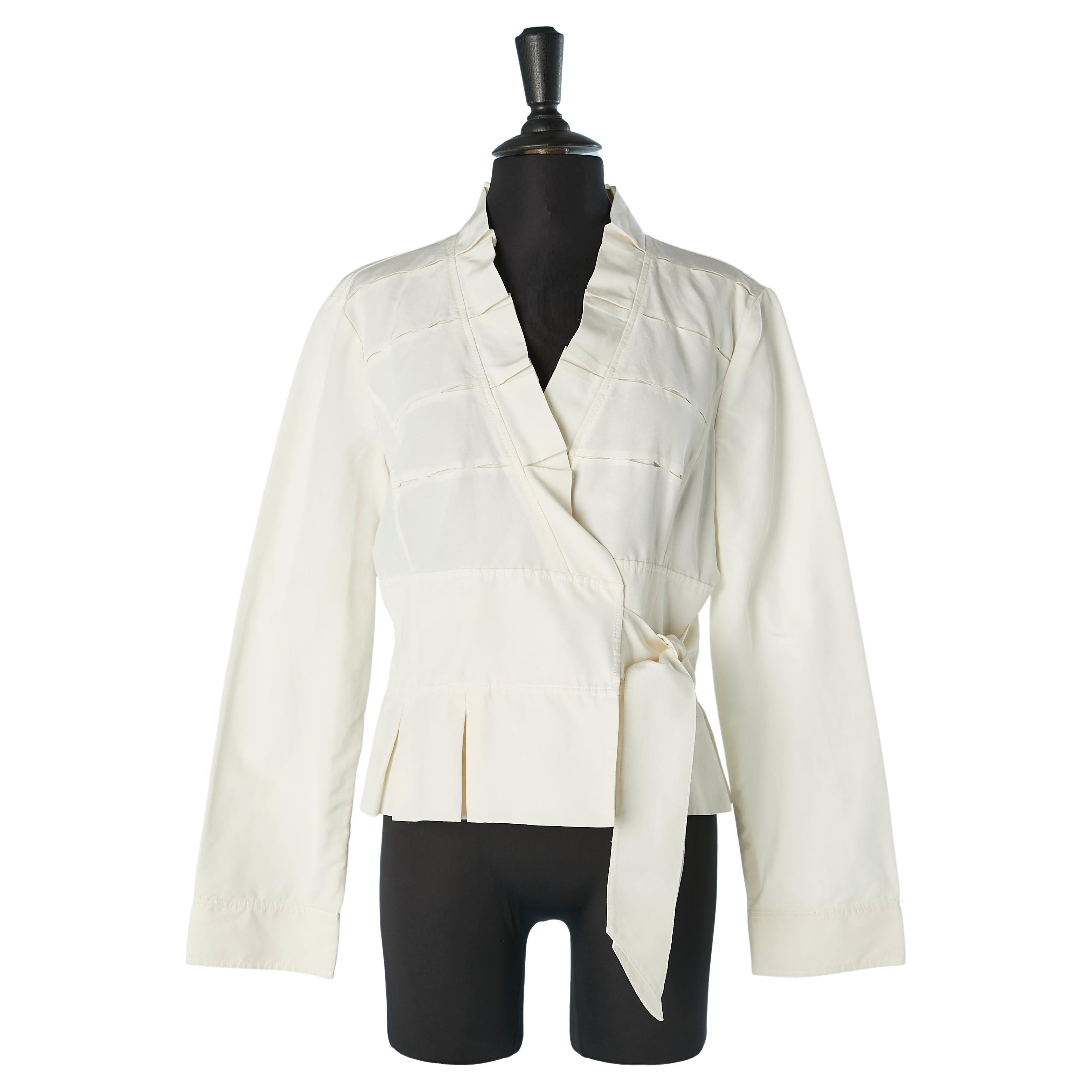 Off-white cotton and silk wrap jacket with ruffles edge ARMANI COLLEZIONI For Sale