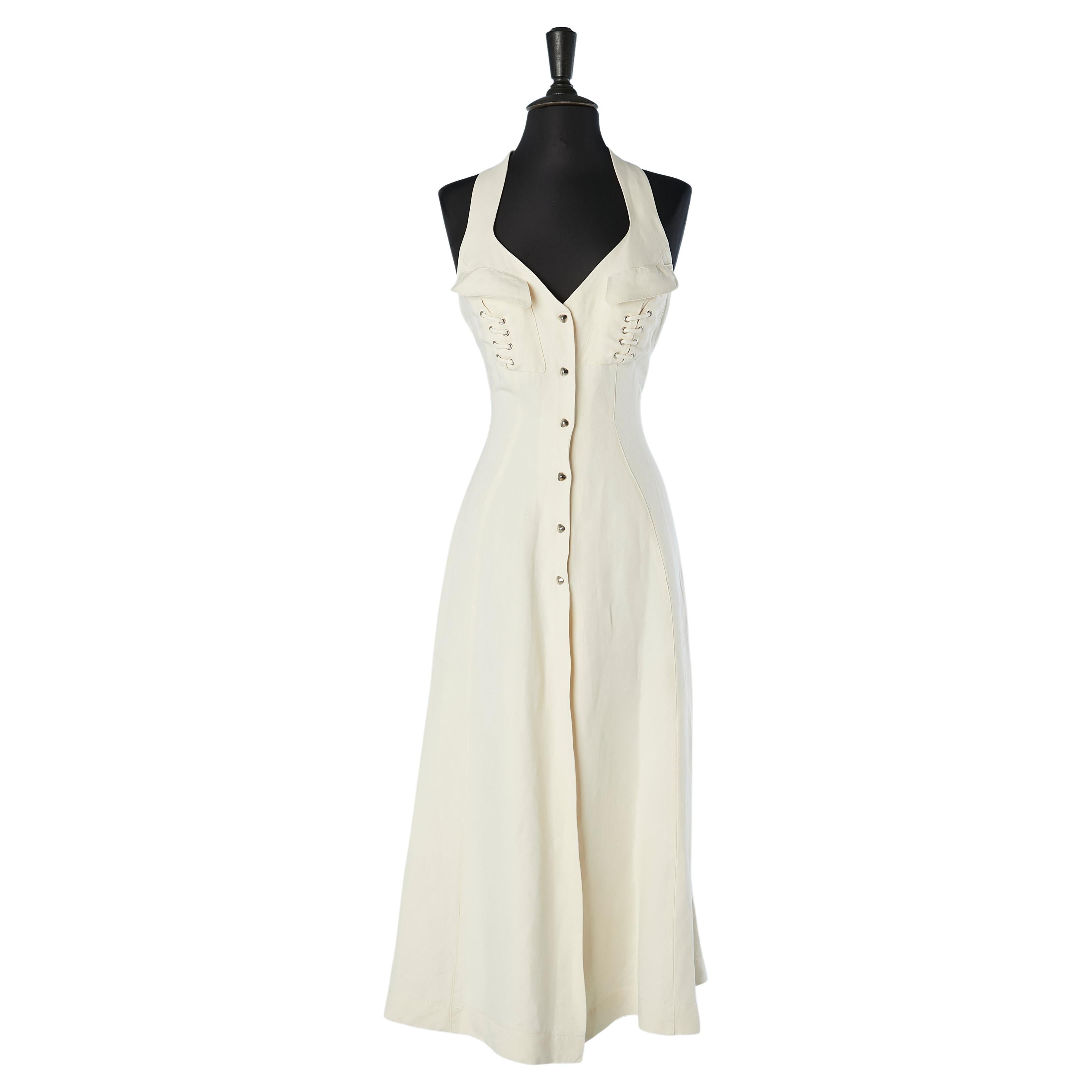 Off-white cotton dress with lace-up on the back and pockets Thierry Mugler Activ For Sale