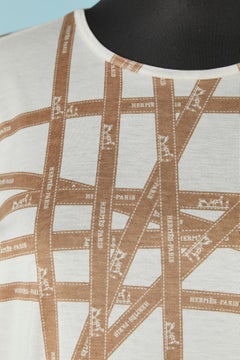 Off-white cotton jersey tee-shirt with beige branded ribbon print HERMES