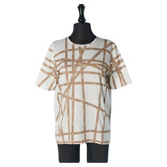 Off-white cotton jersey tee-shirt with beige branded ribbon print HERMES