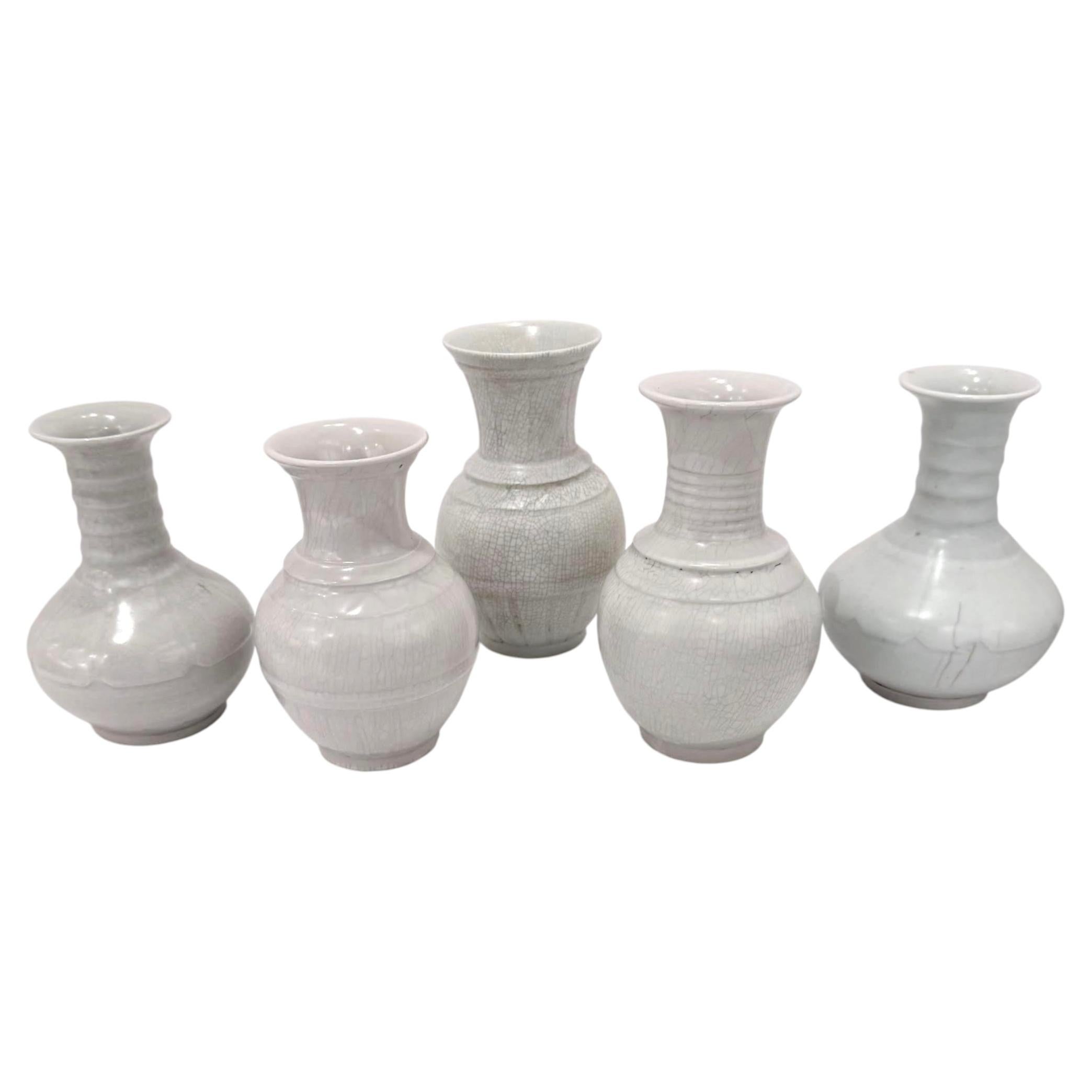 Contemporary Off White Crackle Glaze Vase, Ribbed Neck, China, 4.5"