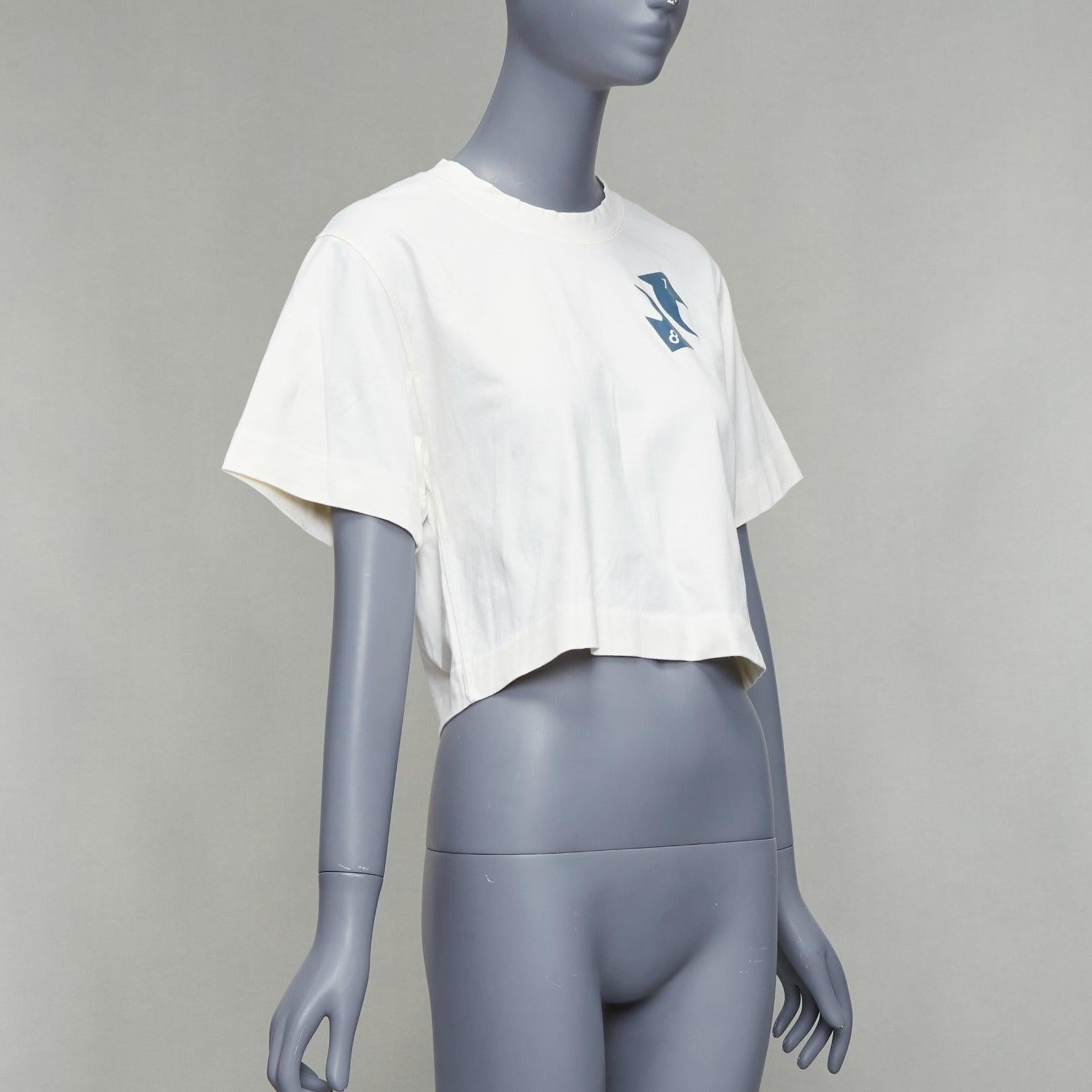 Gray OFF WHITE cream cotton blue embroidered logo crop tshirt XS For Sale