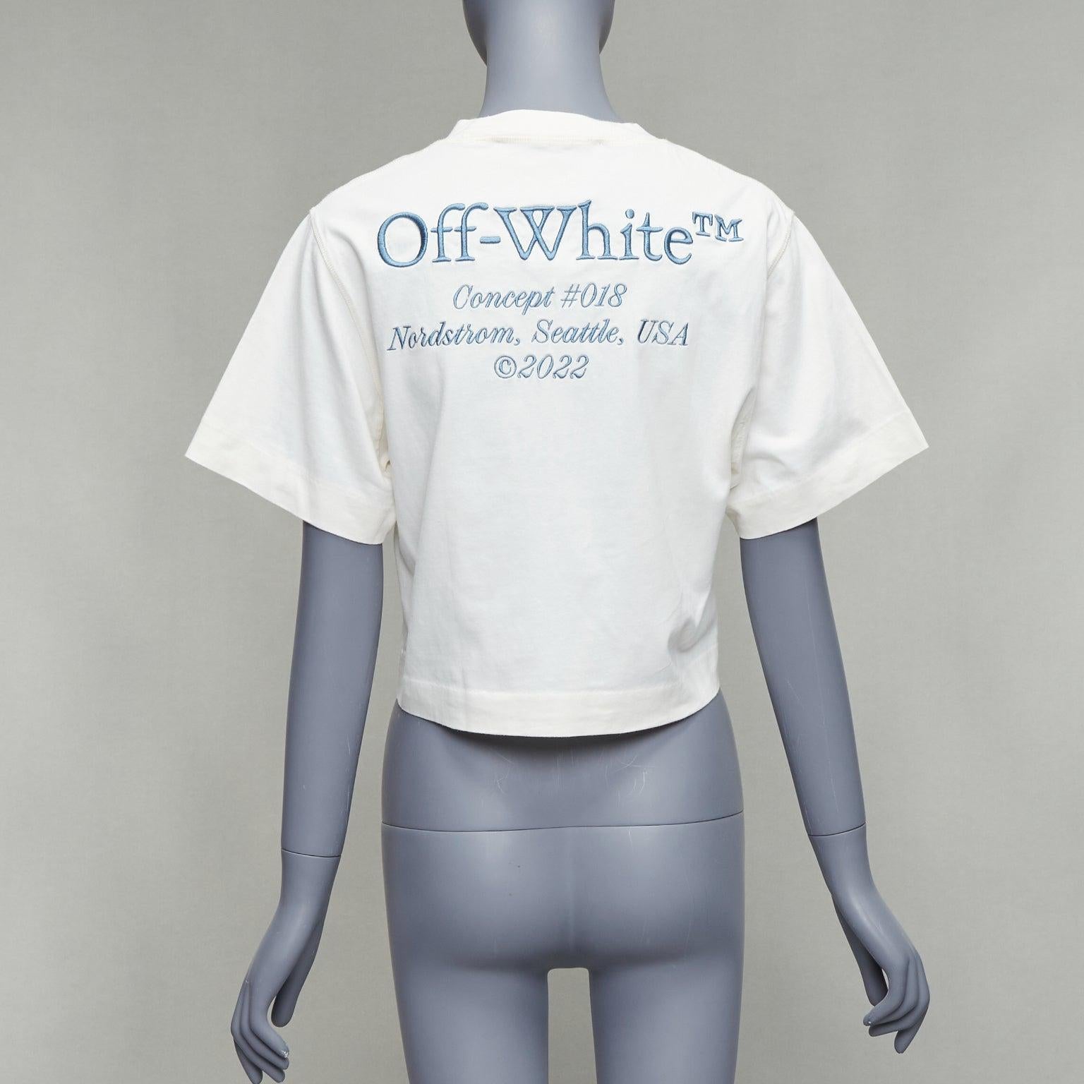 Women's OFF WHITE cream cotton blue embroidered logo crop tshirt XS For Sale