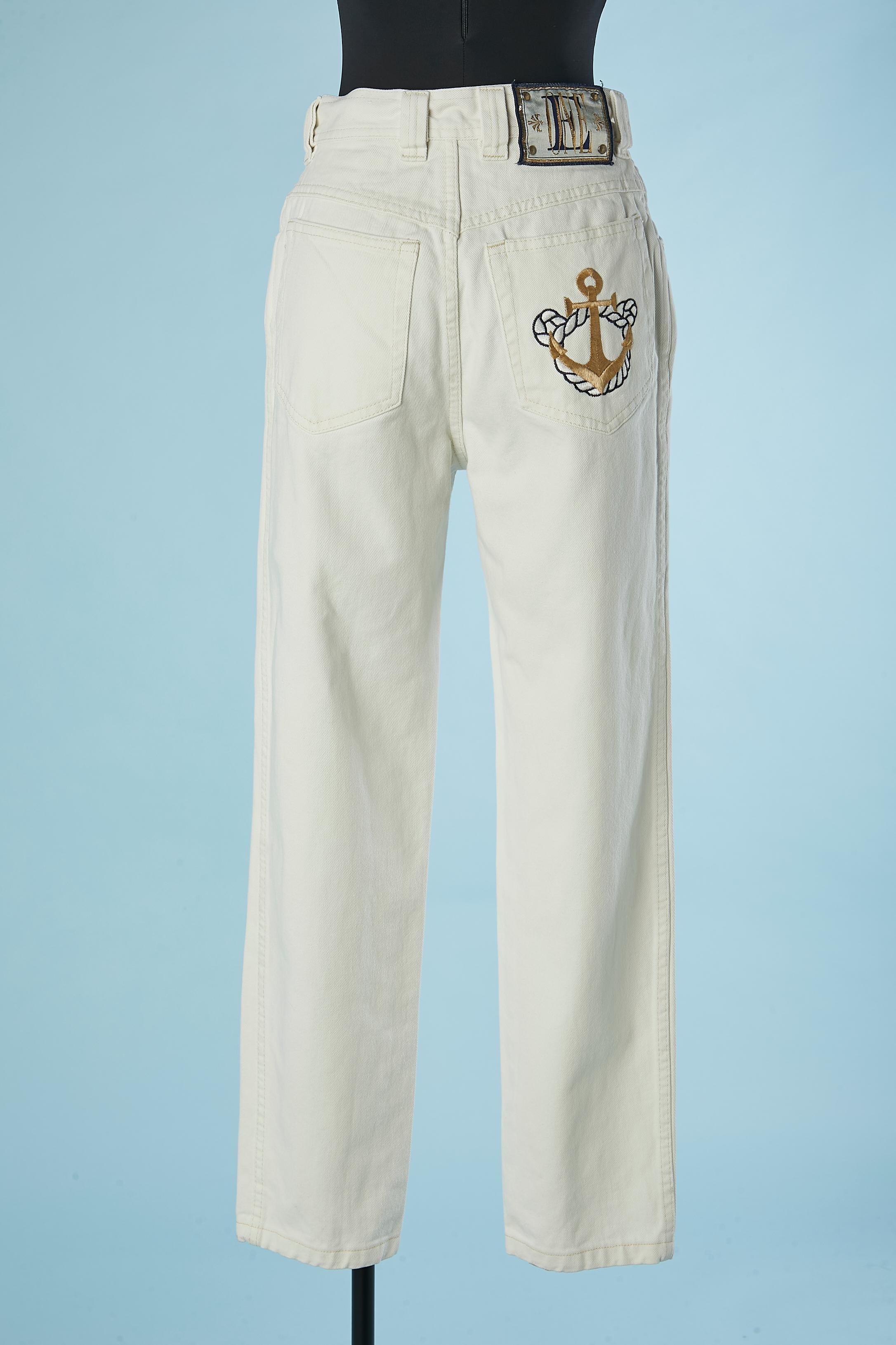 Off-white denim jean with stars and anchor threads embroideries Escada  For Sale 1