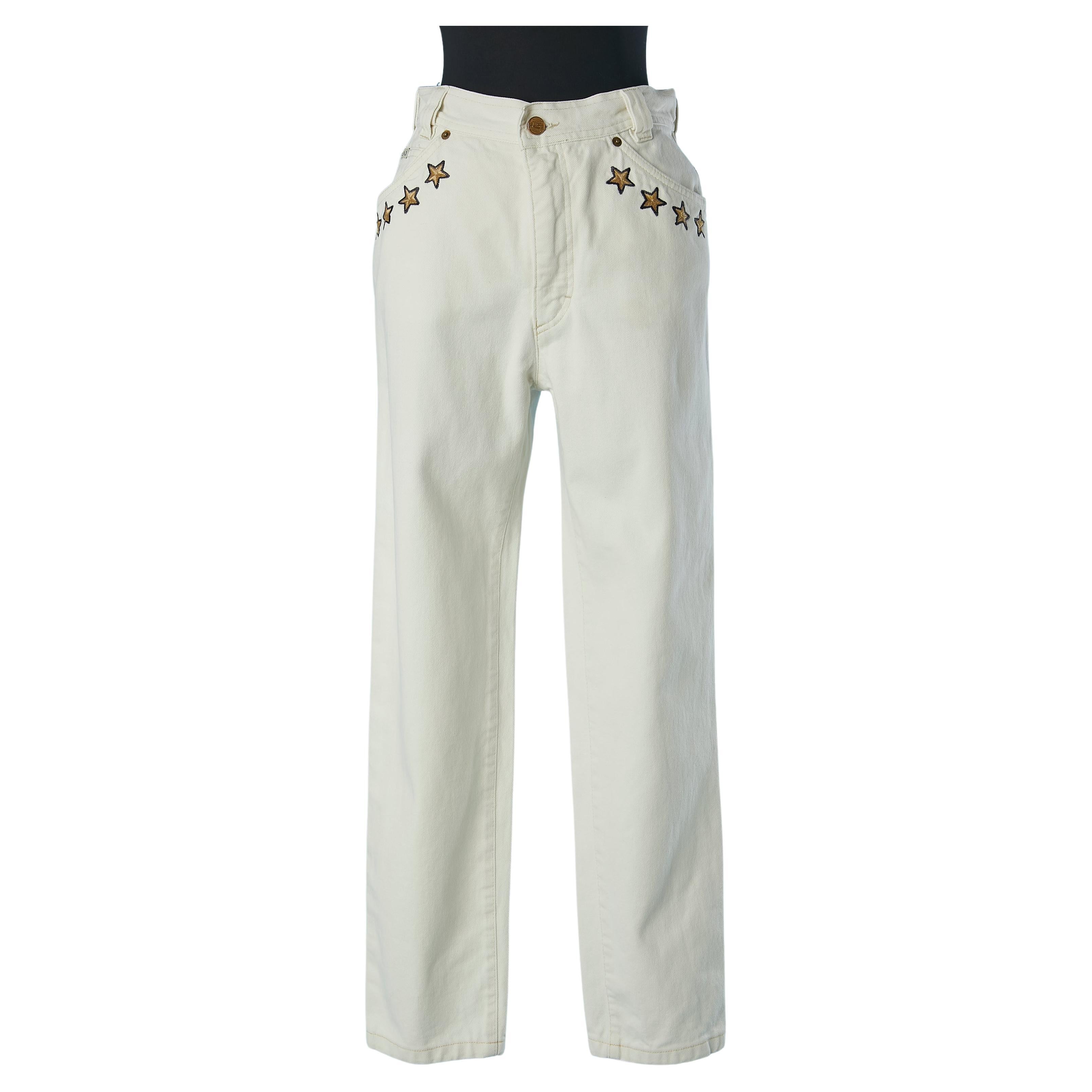 Off-white denim jean with stars and anchor threads embroideries Escada  For Sale