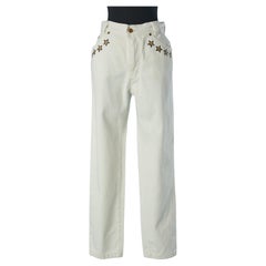 Off-white denim jean with stars and anchor threads embroideries Escada 