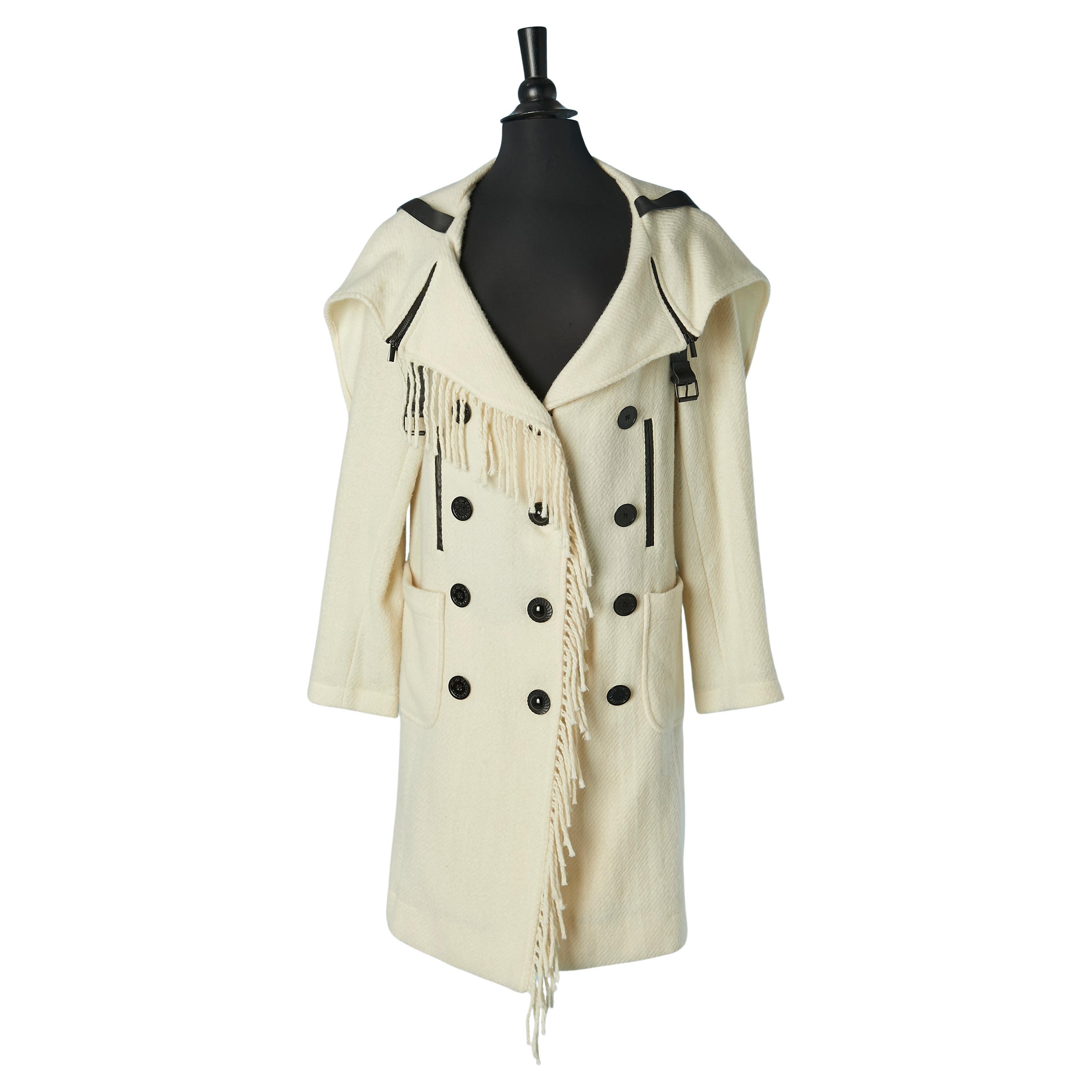 Off-white double breasted coat with fringes and leather strap JC de Castelbajac