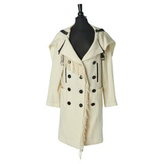 Off-white double breasted coat with fringes and leather strap JC de Castelbajac