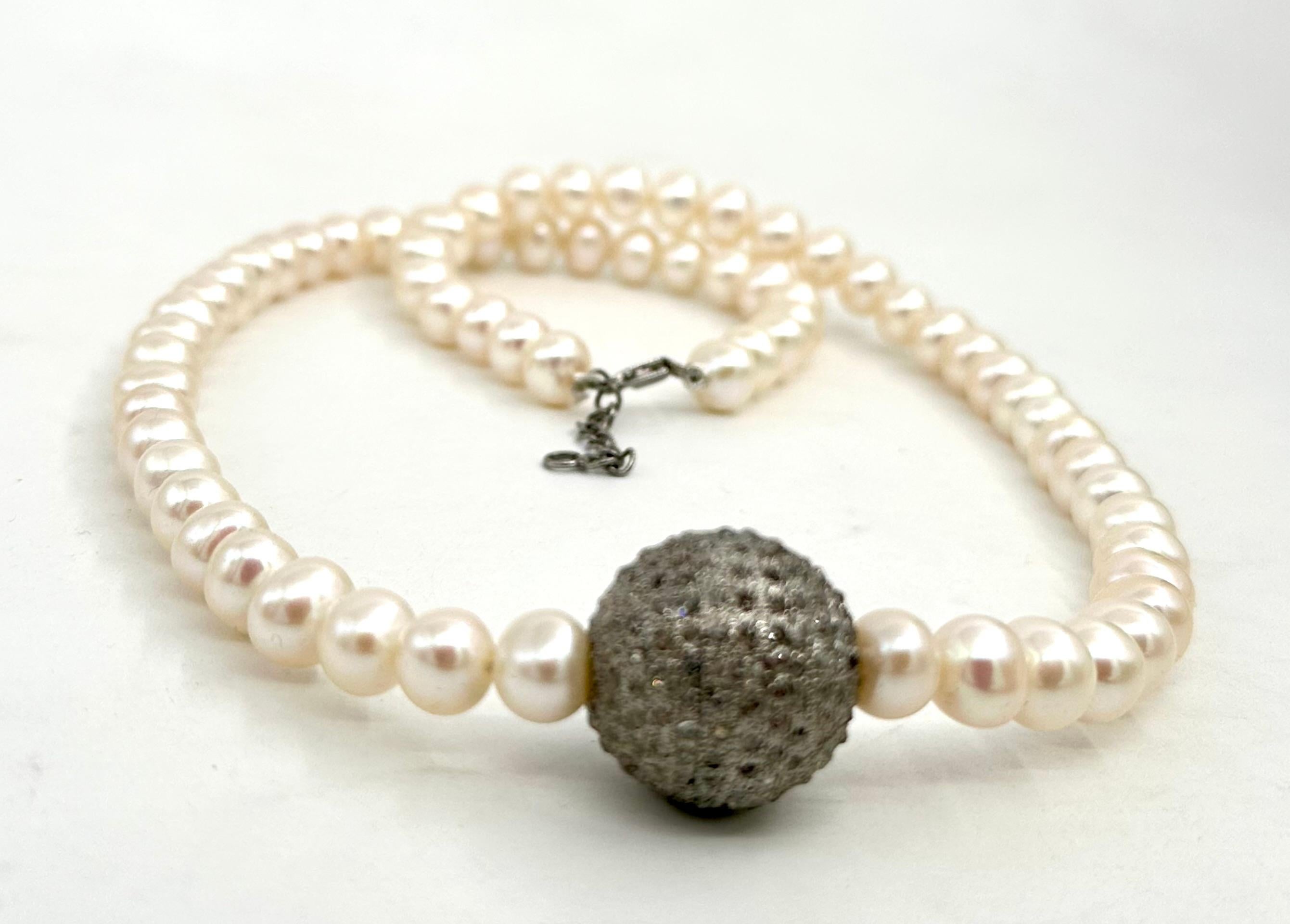 Bead White button Pearl rose cut diamond bead sterling silver necklace For Sale