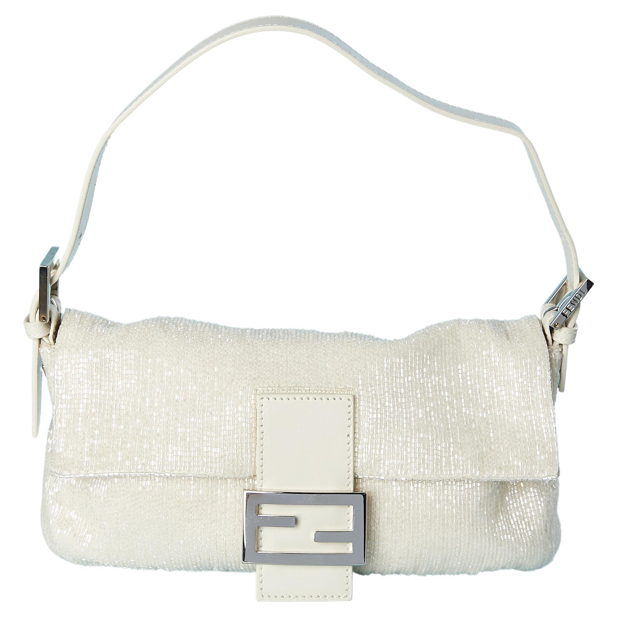 Off-white full beaded evening bag with leather details Fendi Baguettemania For Sale