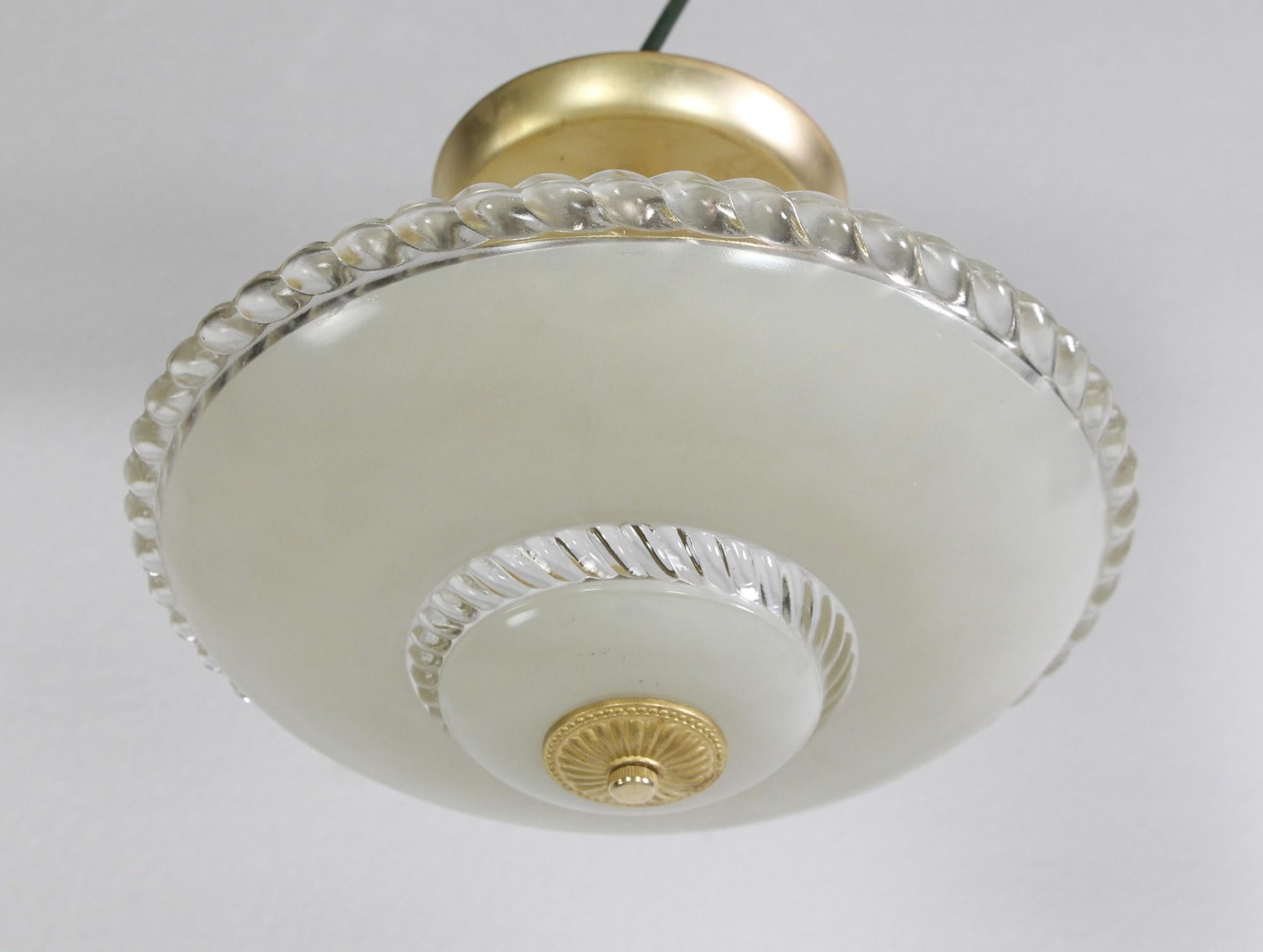 Off White Glass Semi-Flush Mount Light w/ Brass Fitter In Good Condition In New York, NY