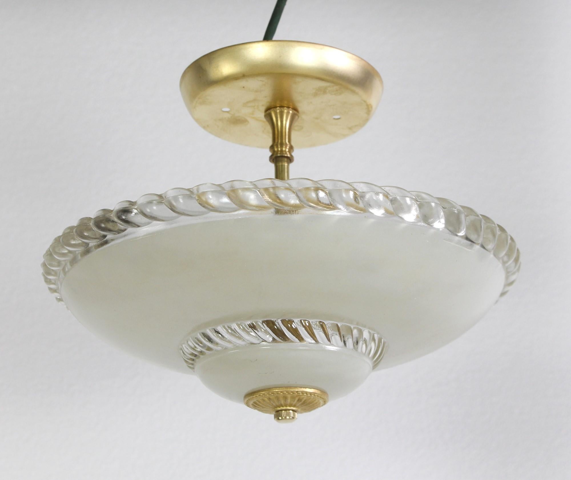 20th Century Off White Glass Semi-Flush Mount Light w/ Brass Fitter