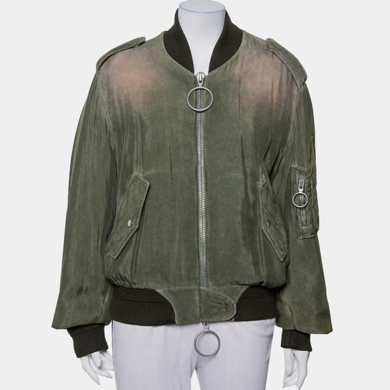 Reflecting urban style and effortless dressing, this bomber jacket from Off-White is just perfect! The green cupro creation features a washed-out effect exterior and has been styled with ribbed trim collars and bottom hems. It comes equipped with