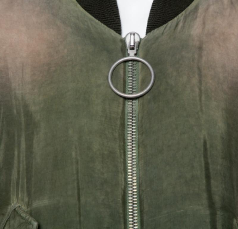Off-White Green Cupro Washed Out Effect Zipper Front Bomber Jacket M In Excellent Condition For Sale In Dubai, Al Qouz 2