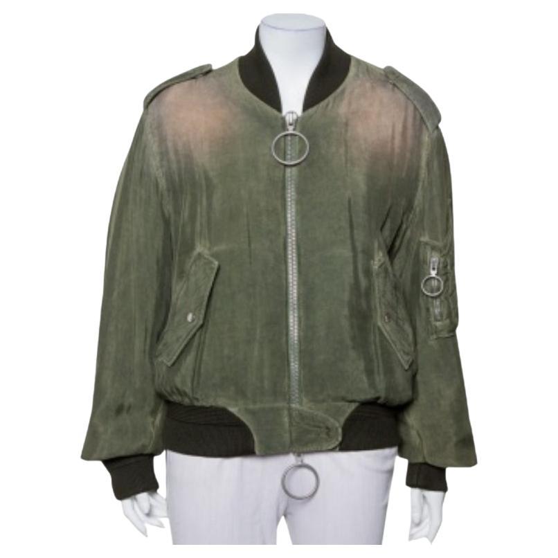 Off-White Green Cupro Washed Out Effect Zipper Front Bomber Jacket M For Sale